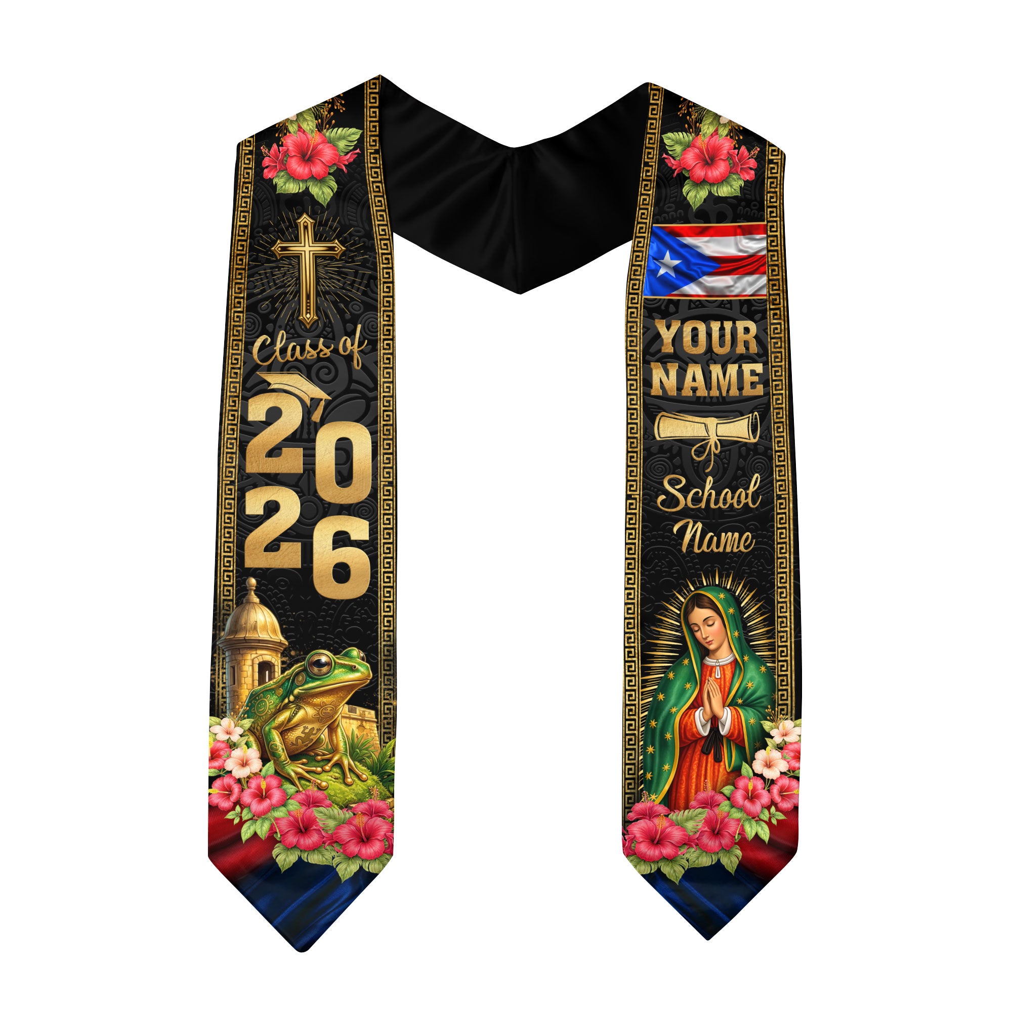 Custom Puerto Rico Graduation Stole 2026 – Guadalupe Cross Coqui Flag Sash