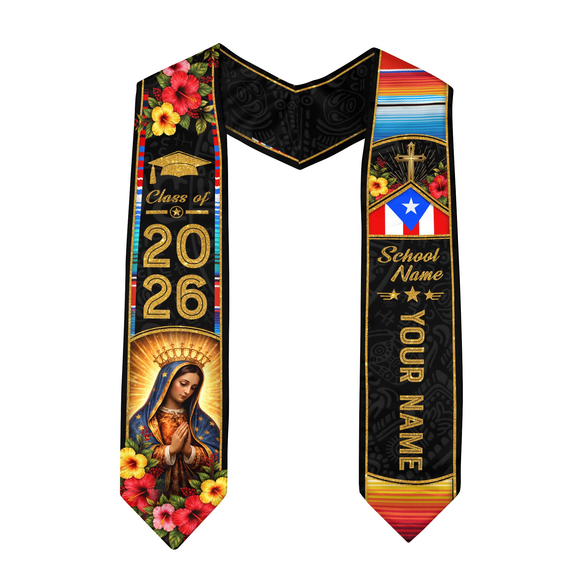 Puerto Rican Graduation Stole Custom 2026 Guadalupe Cross Flag Sash Gift