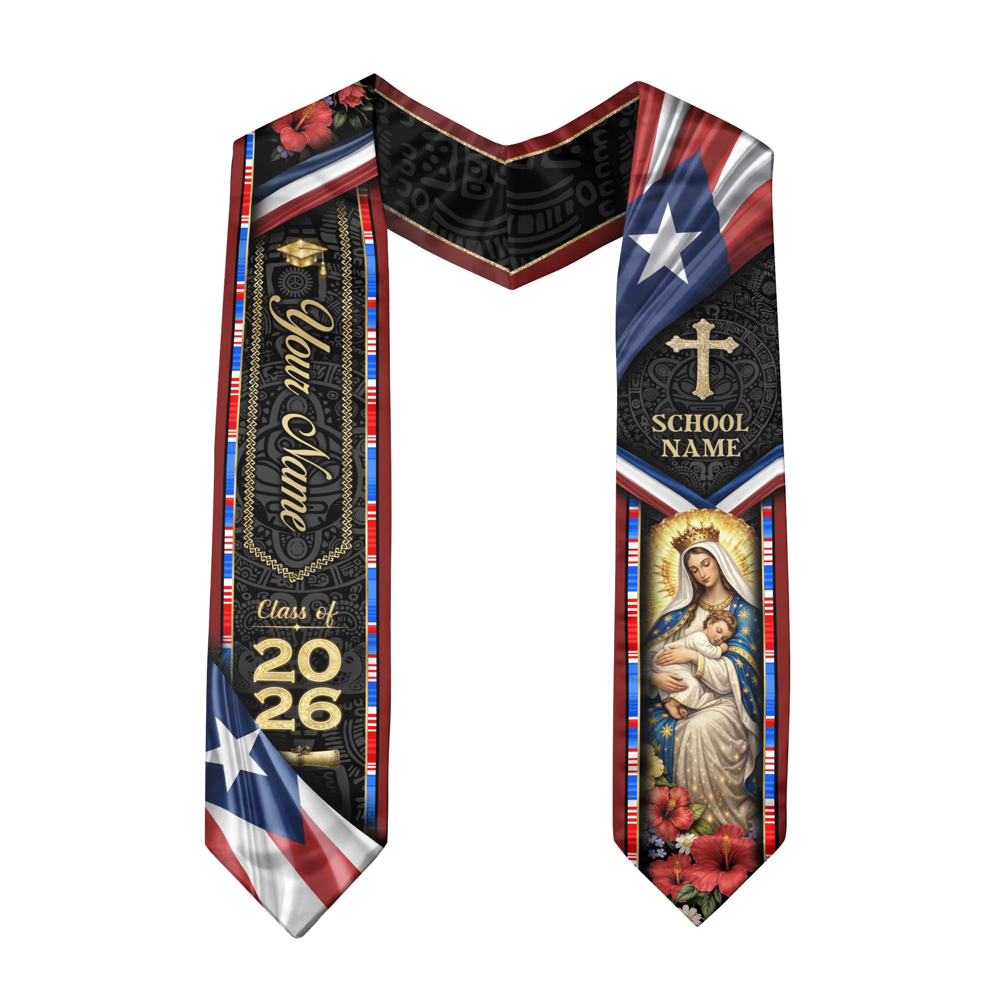 Puerto Rico Graduation Stole Class of 2026 - Custom Virgin Mary Heritage Sash