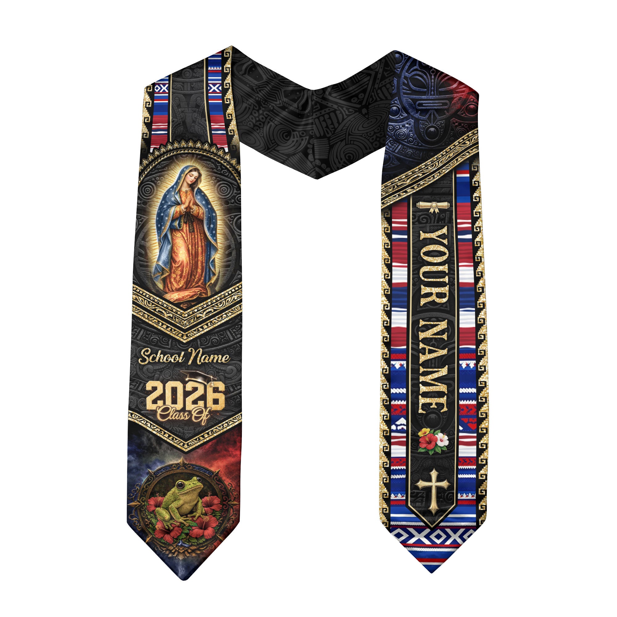 Custom Puerto Rico Graduation Stole 2026 - Our Lady of Guadalupe Coqui Frog Sash