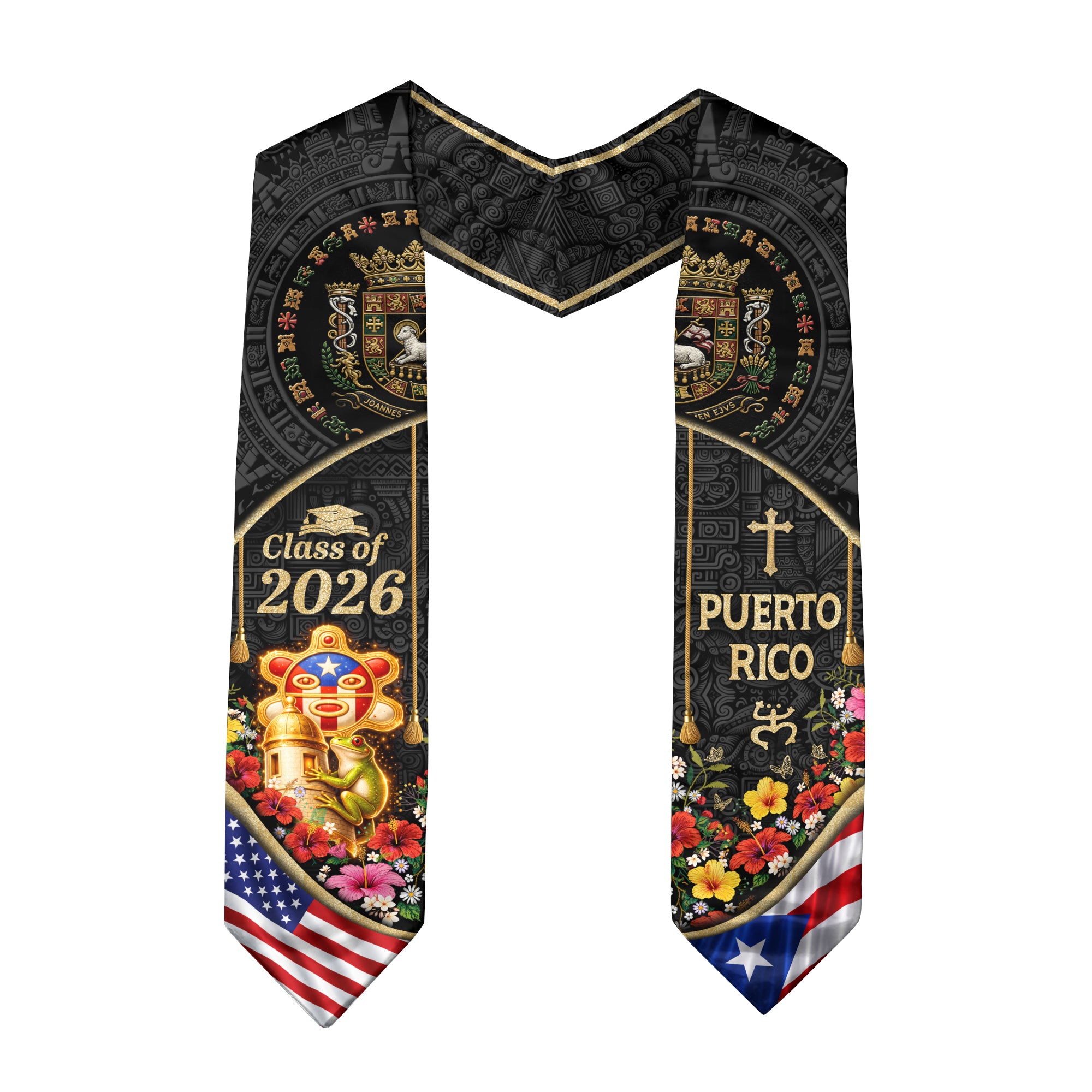 Puerto Rico Graduation Stole 2026 Coqui Taino Sun Garita PR US Flag Sash