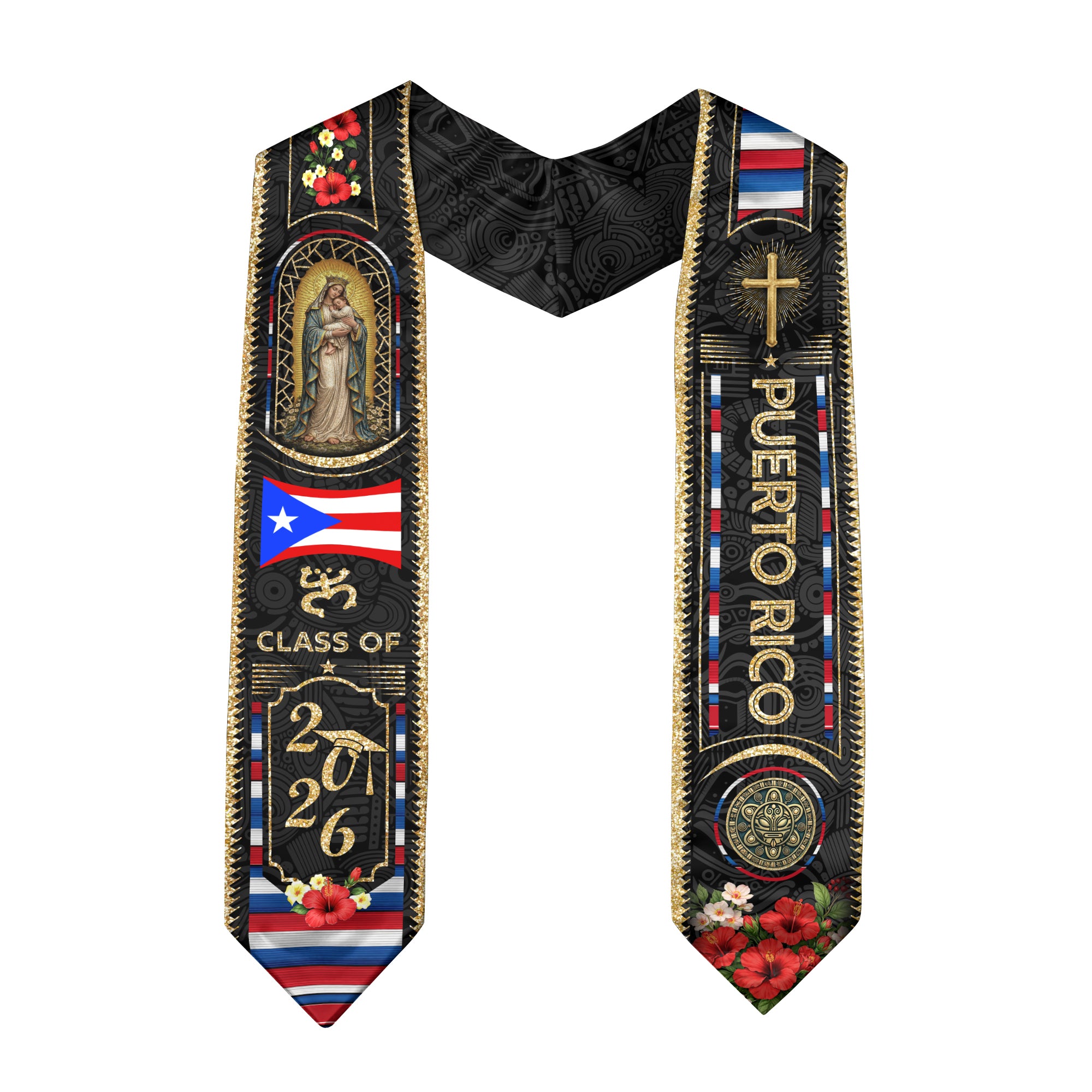 Puerto Rico Graduation Stole 2026 Virgin Mary Cross PR Flag Gold Glitter Sash