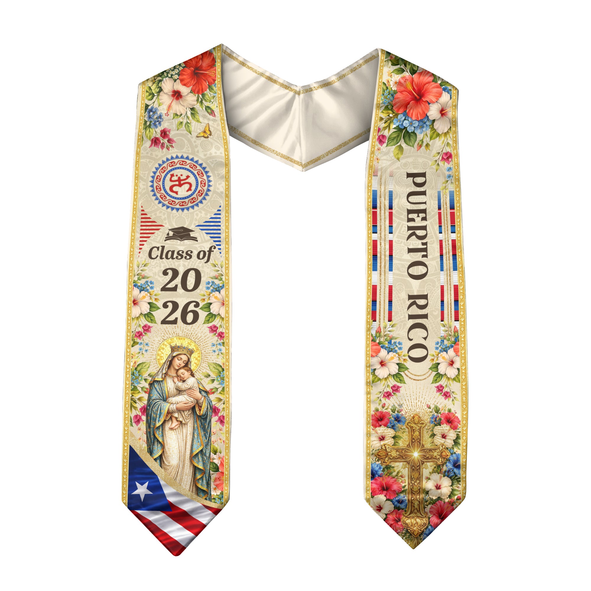 Puerto Rico Graduation Stole 2026 Virgin Mary Ivory Hibiscus PR Flag Sash