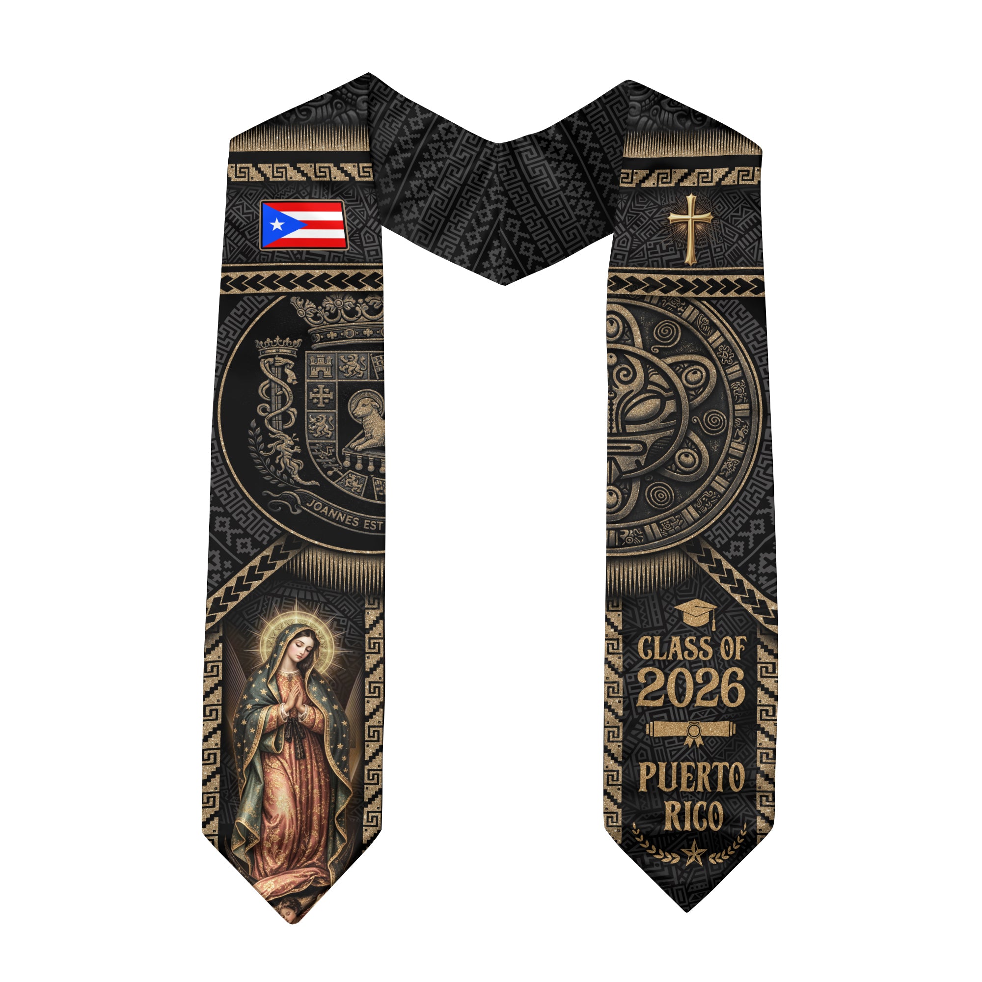 Puerto Rico Graduation Stole 2026 Virgin Mary Cross PR Flag Gold Ethnic Sash