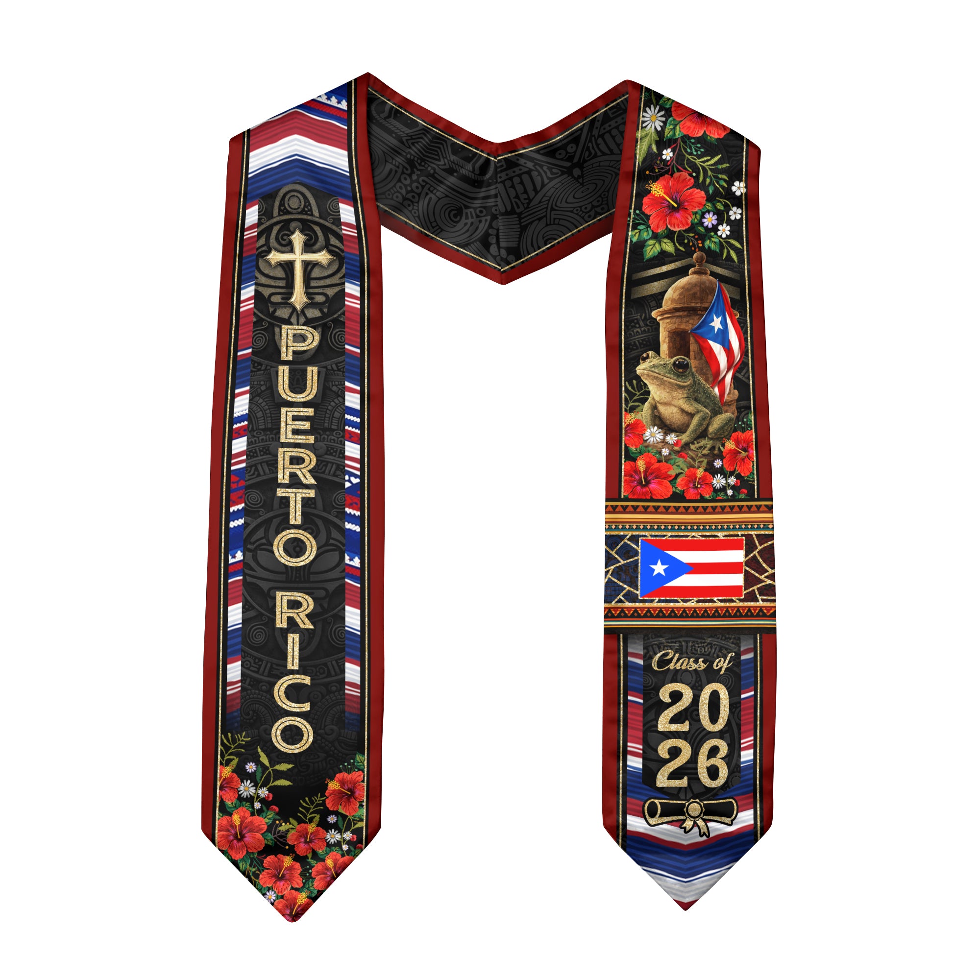Puerto Rico Graduation Stole 2026 Coqui Frog Garita PR Flag Hibiscus Floral Sash