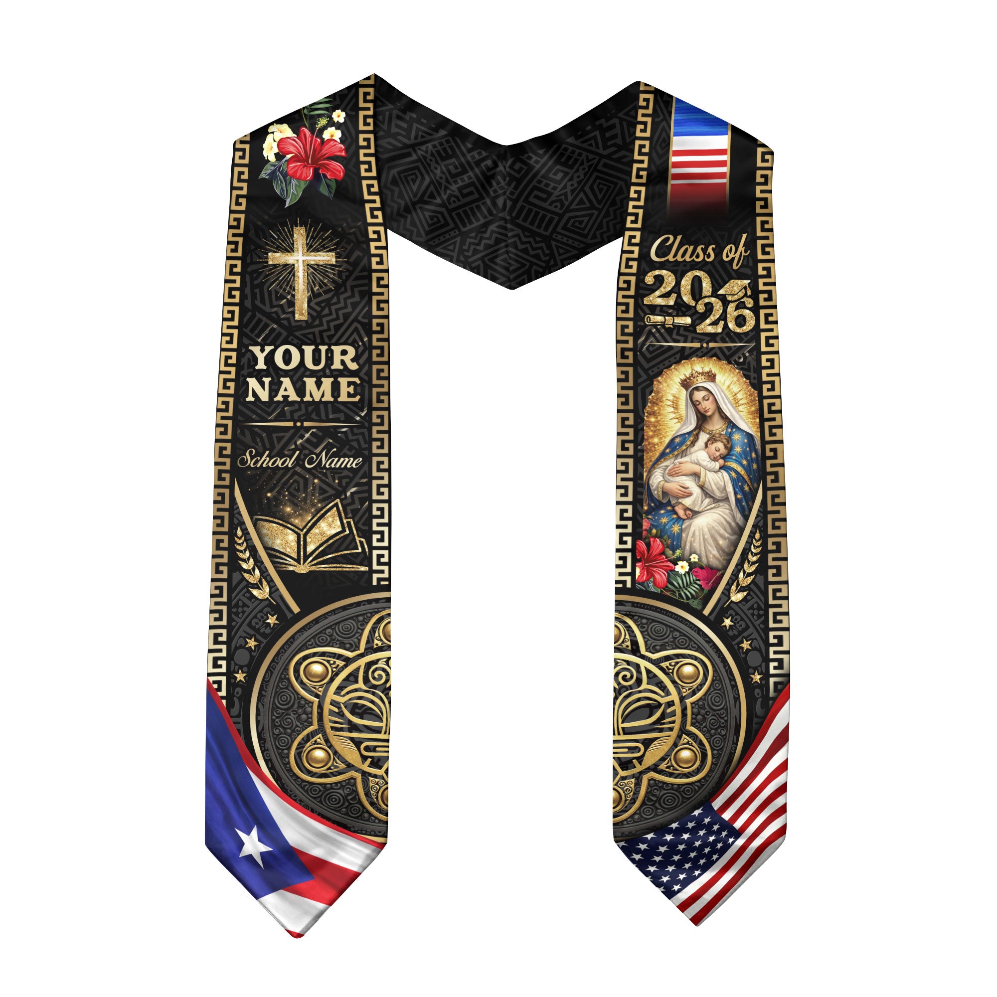 Puerto Rico USA Graduation Stole 2026 - Personalized Name Taino Heritage Sash