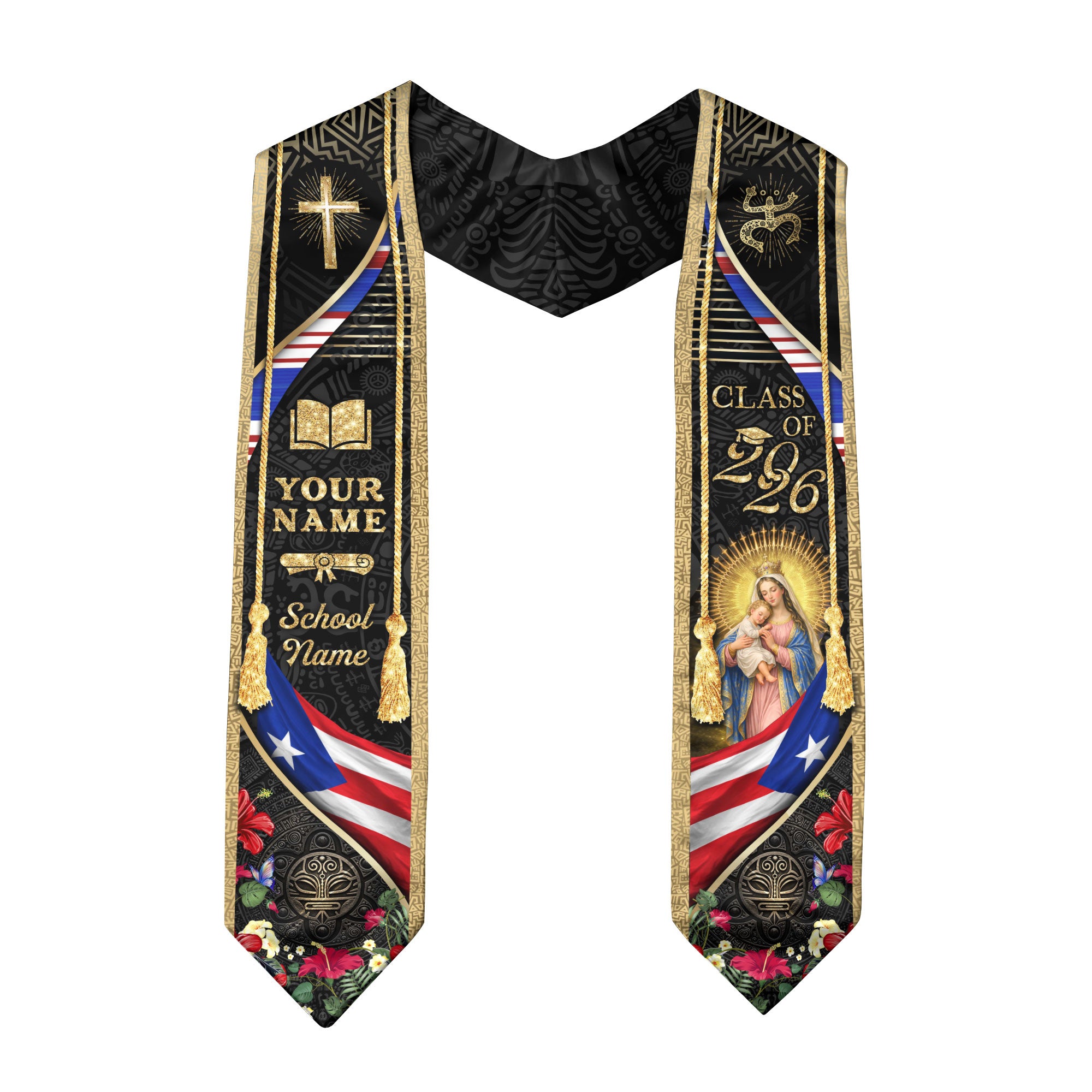 Boricua Pride Puerto Rico Graduation Stole - Custom Name School Coqui Floral Sash