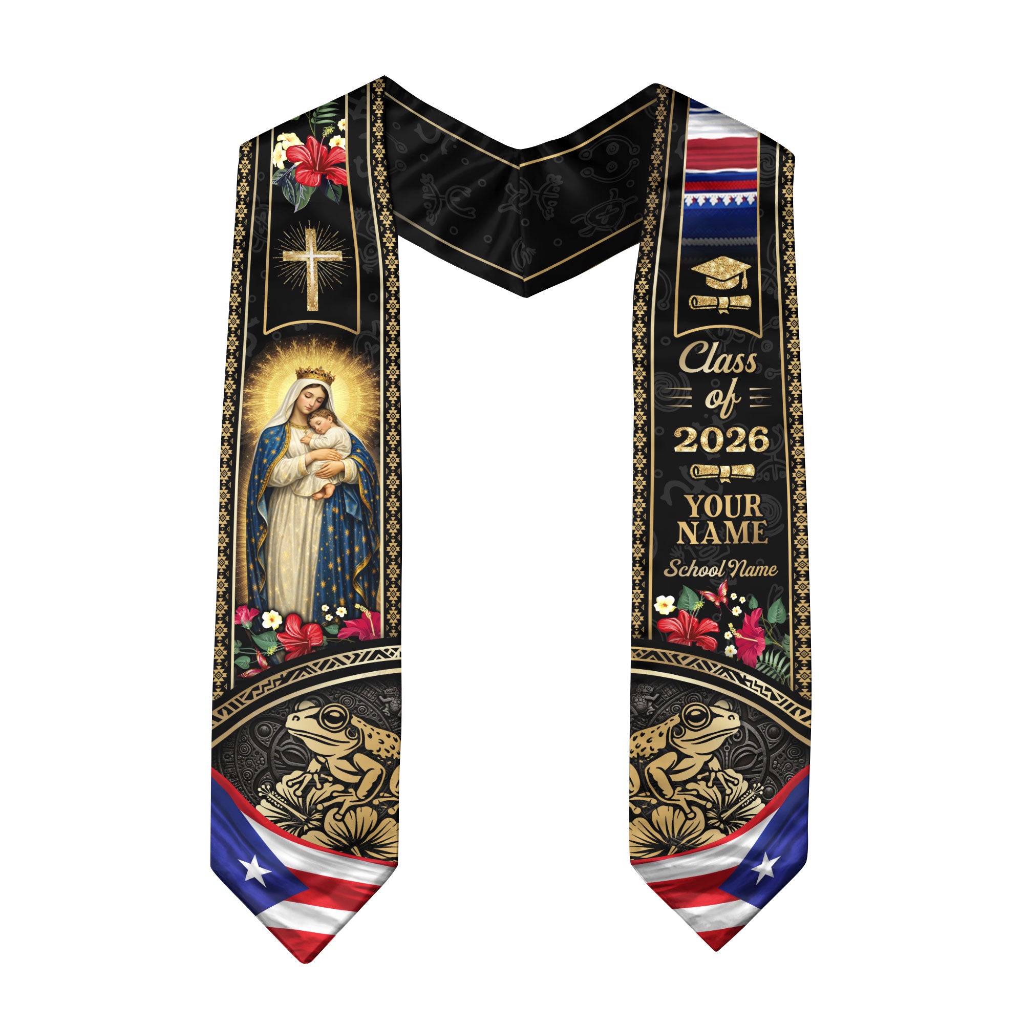 Custom Name Puerto Rico Graduation Stole 2026 - Virgin Mary & Coqui Heritage Print Sash