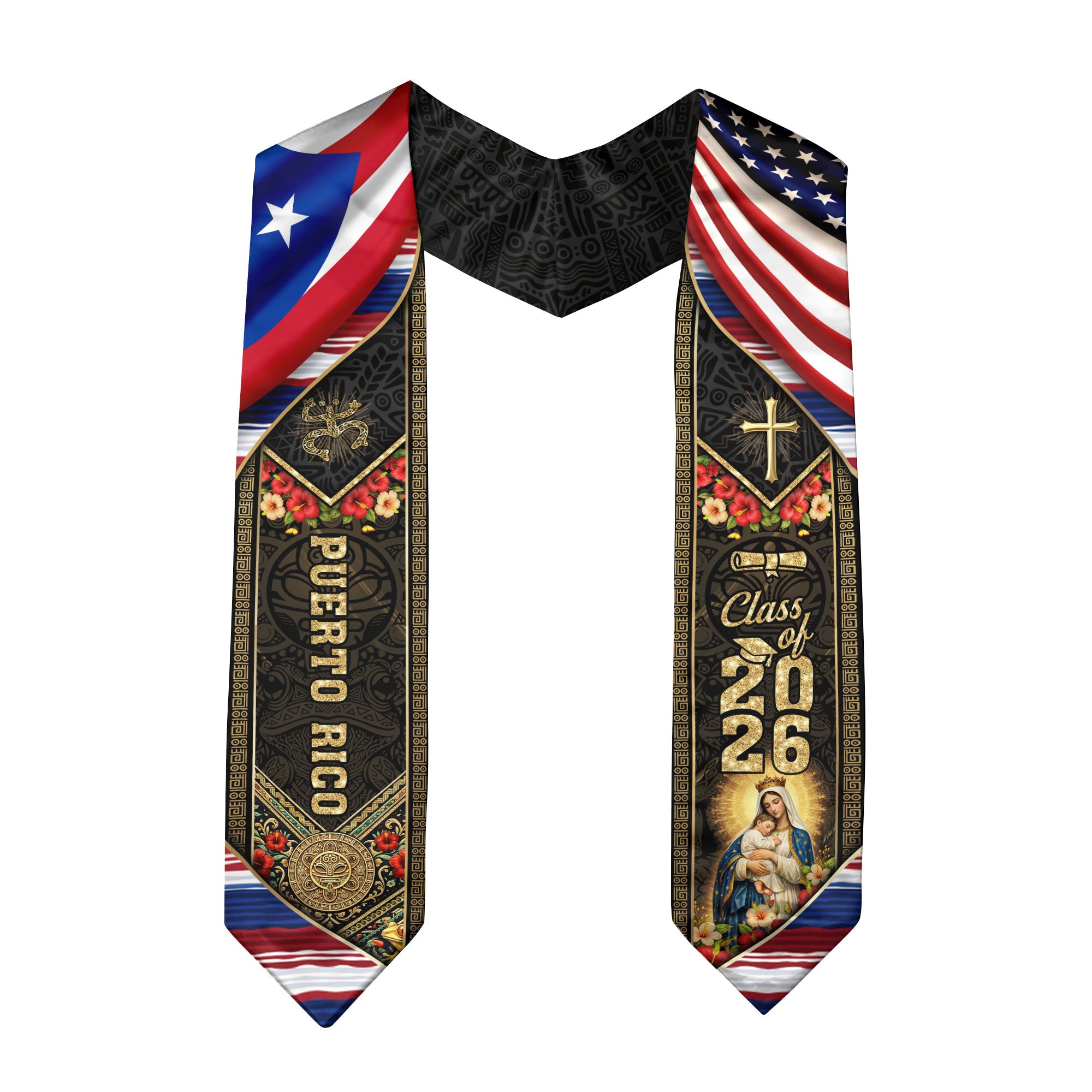 Puerto Rico USA Graduation Stole 2026 - Flag Shoulder Heritage Taino Floral Sash