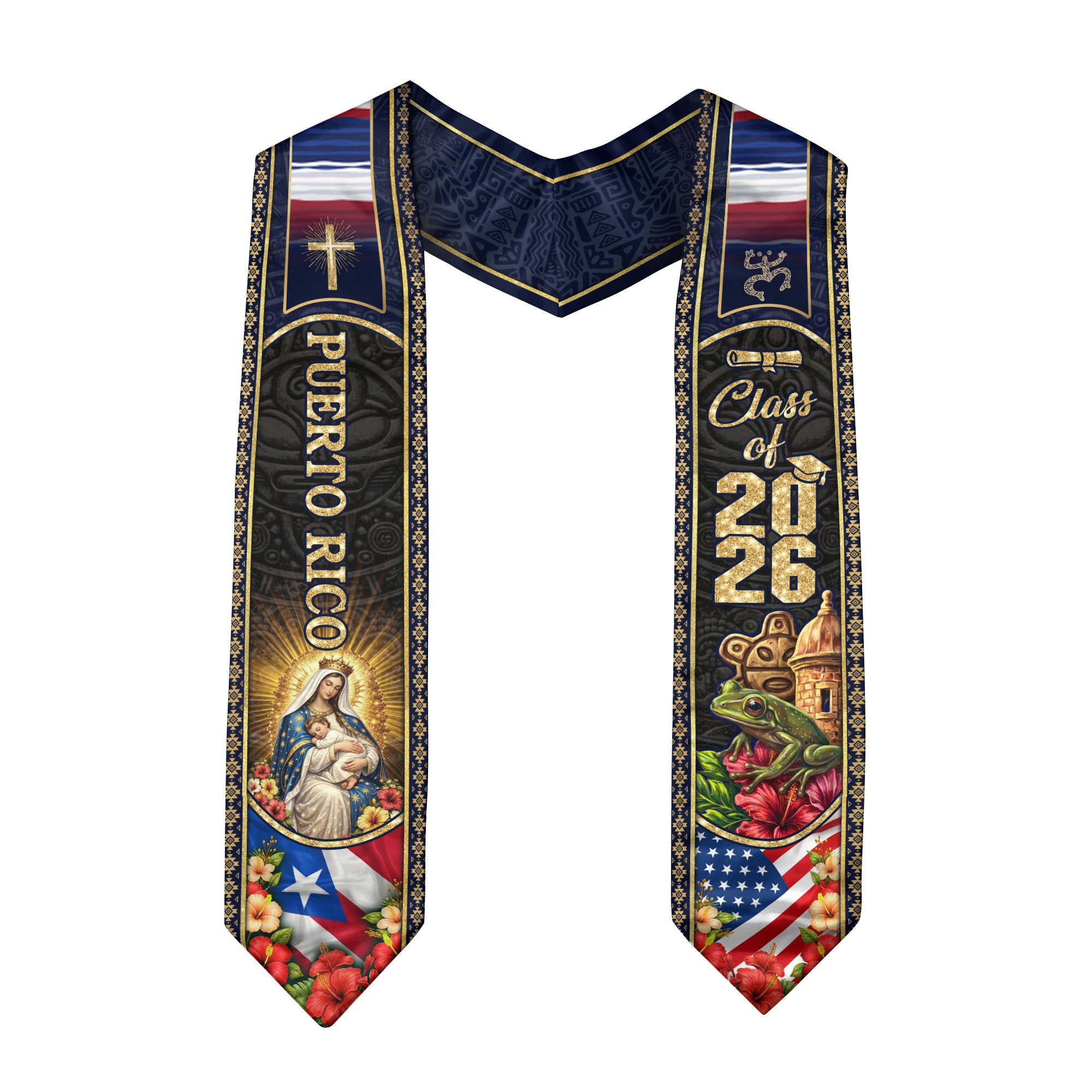 Puerto Rico USA Graduation Stole 2026 - Coqui El Morro & Taino Heritage Floral Sash