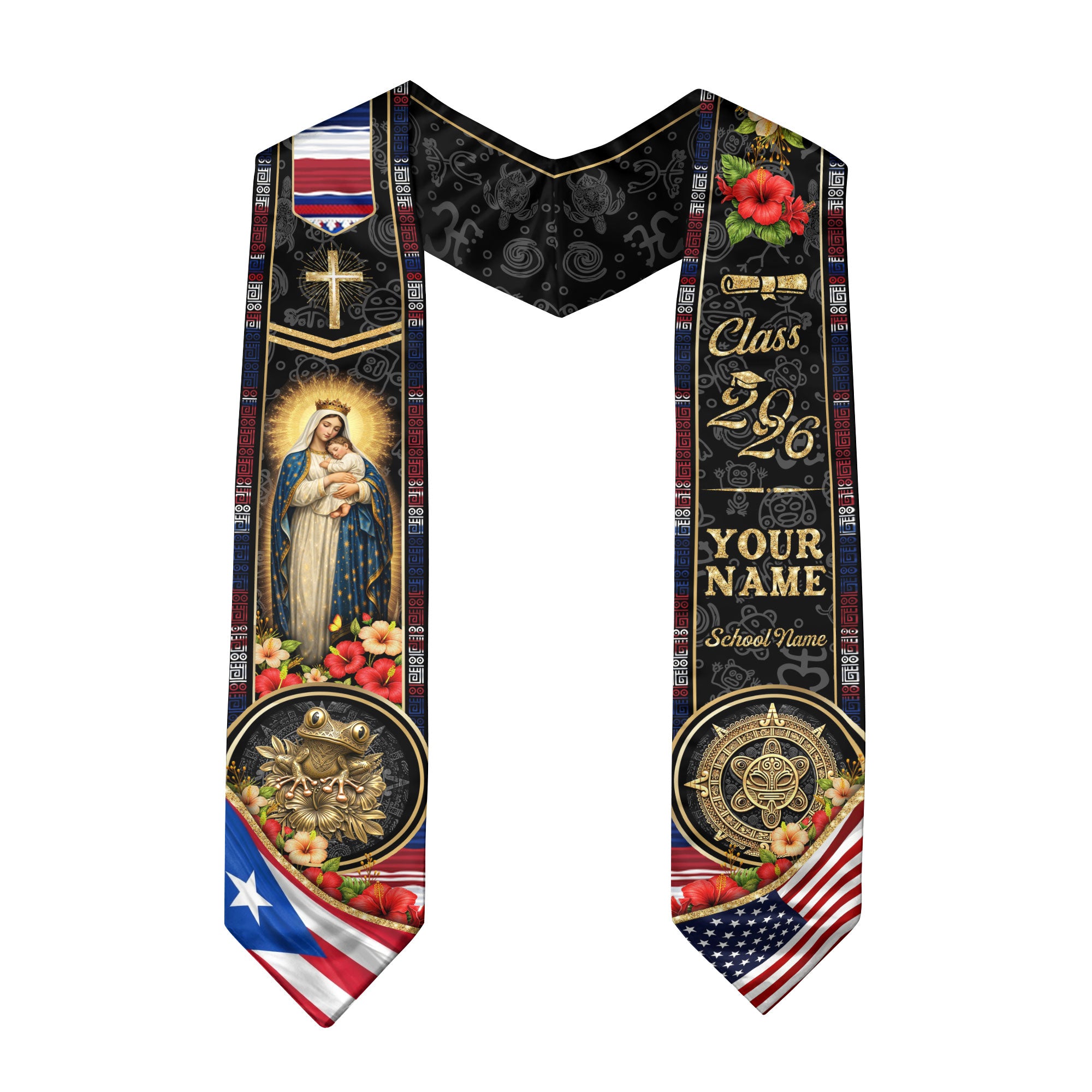 Custom Puerto Rico USA Graduation Stole 2026 Virgin Mary Cross Faith Flag Sash Gift