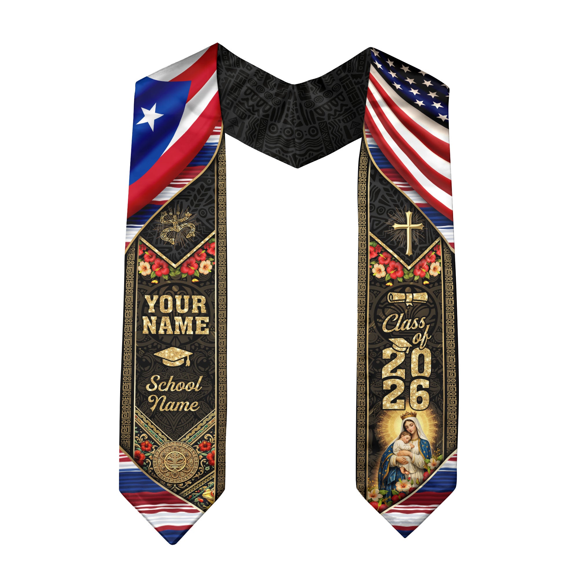 Custom Graduation Stole Class of 2026 Puerto Rico Virgin Mary Coqui Frog Personalized Name Sash