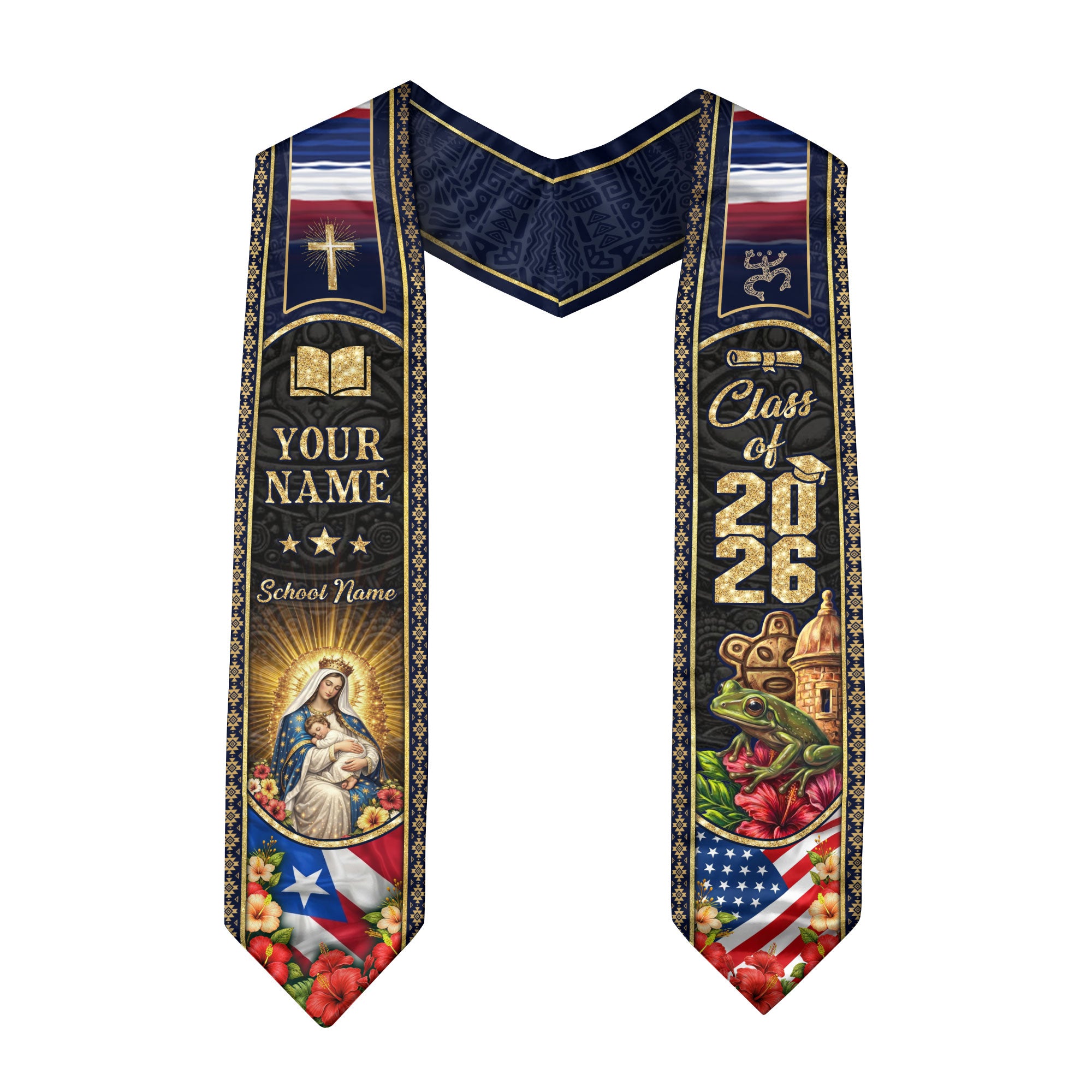 Custom Puerto Rico Graduation Stole Class of 2026 Virgin Mary Cross Floral Coqui Frog Sash