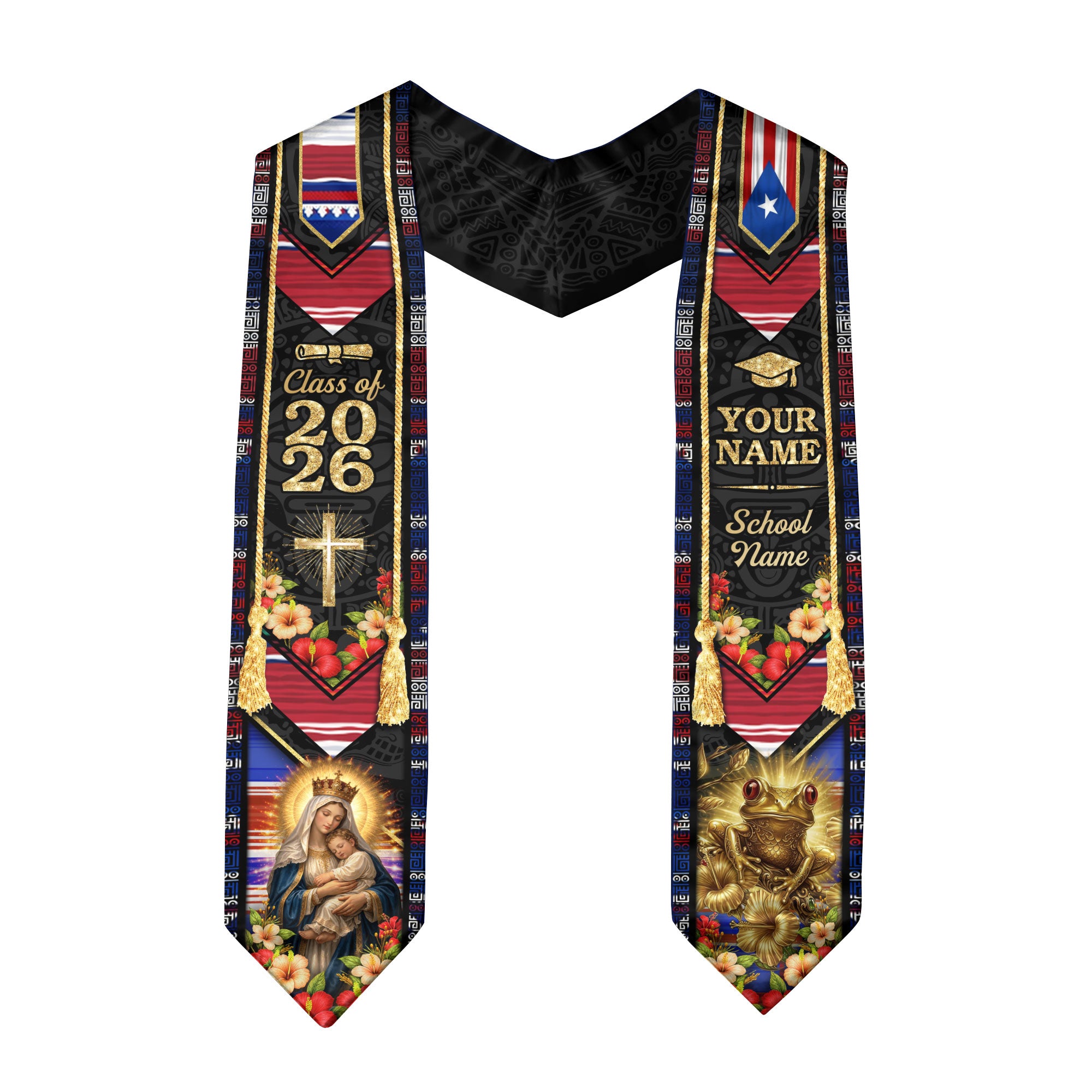 Custom Graduation Stole Class of 2026 Puerto Rico USA Virgin Mary Coqui Frog Personalized Name Sash