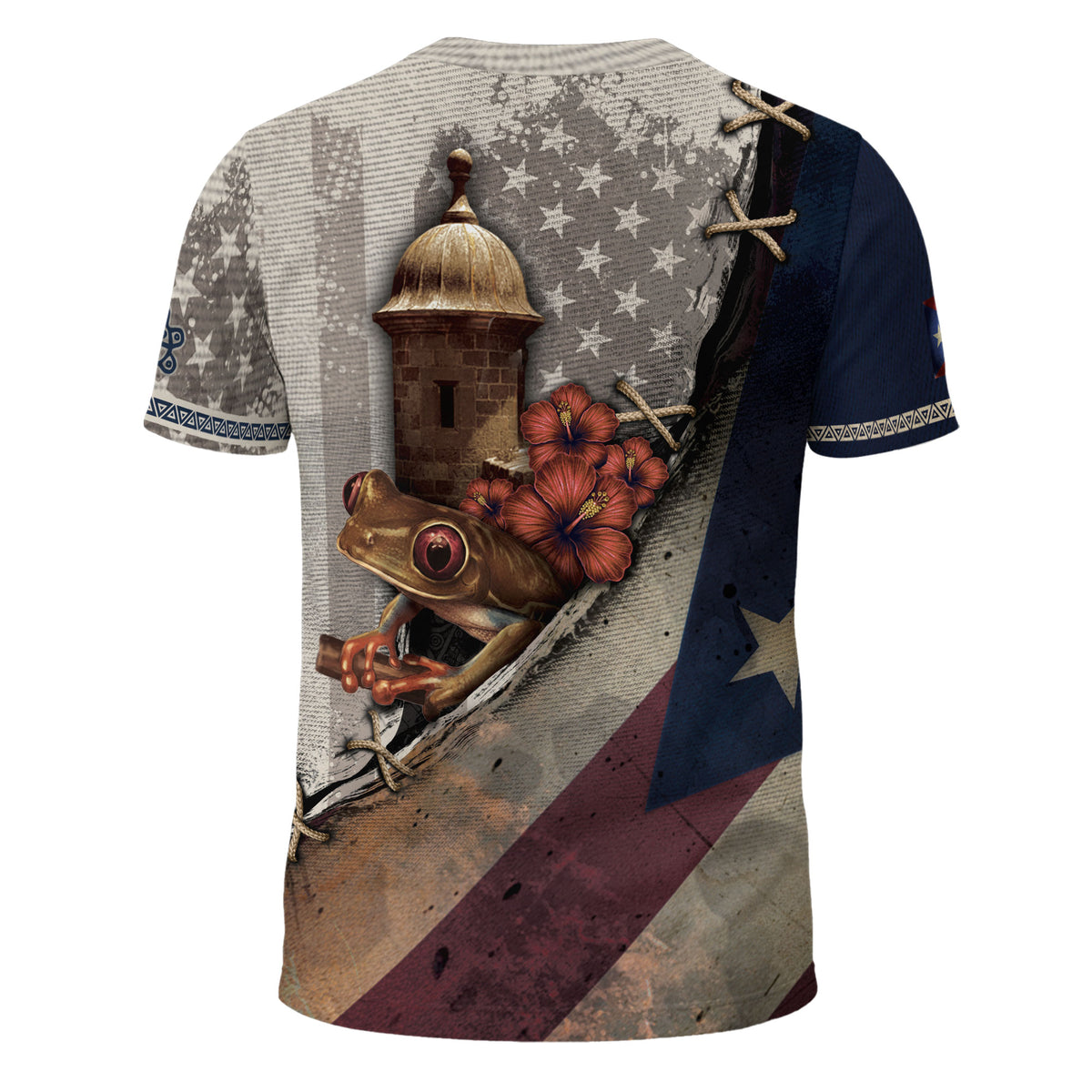 Puerto Rico Boricua El Morro Coqui Frog Grey Navy Torn Flag National Heritage Shirt