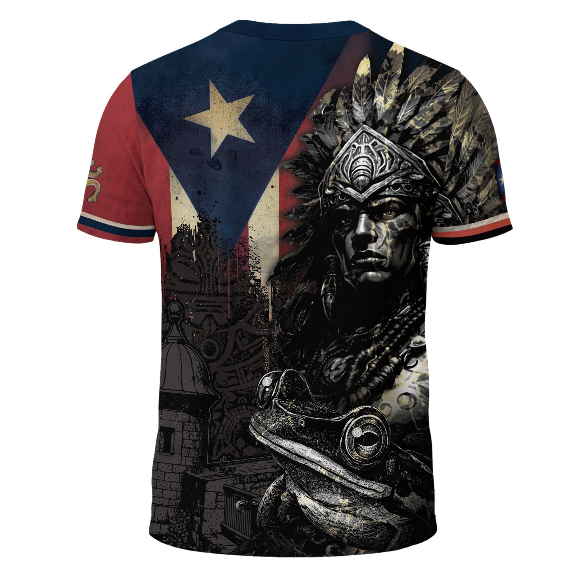 Puerto Rico Boricua Taino Warrior Coqui Frog Black Navy Red Gold National Heritage Shirt