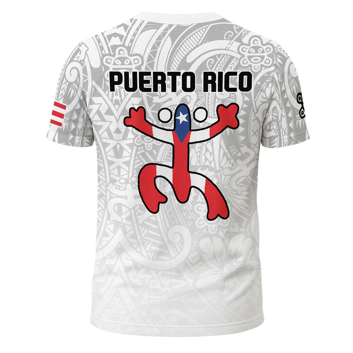 Puerto Rico Shirt with Coqui Frog, Taino Art Garita Hibiscus Heritage Pride Boricua, Vibrant 3D T-Shirt with All Over Print Tee Detail, Northryn Co.