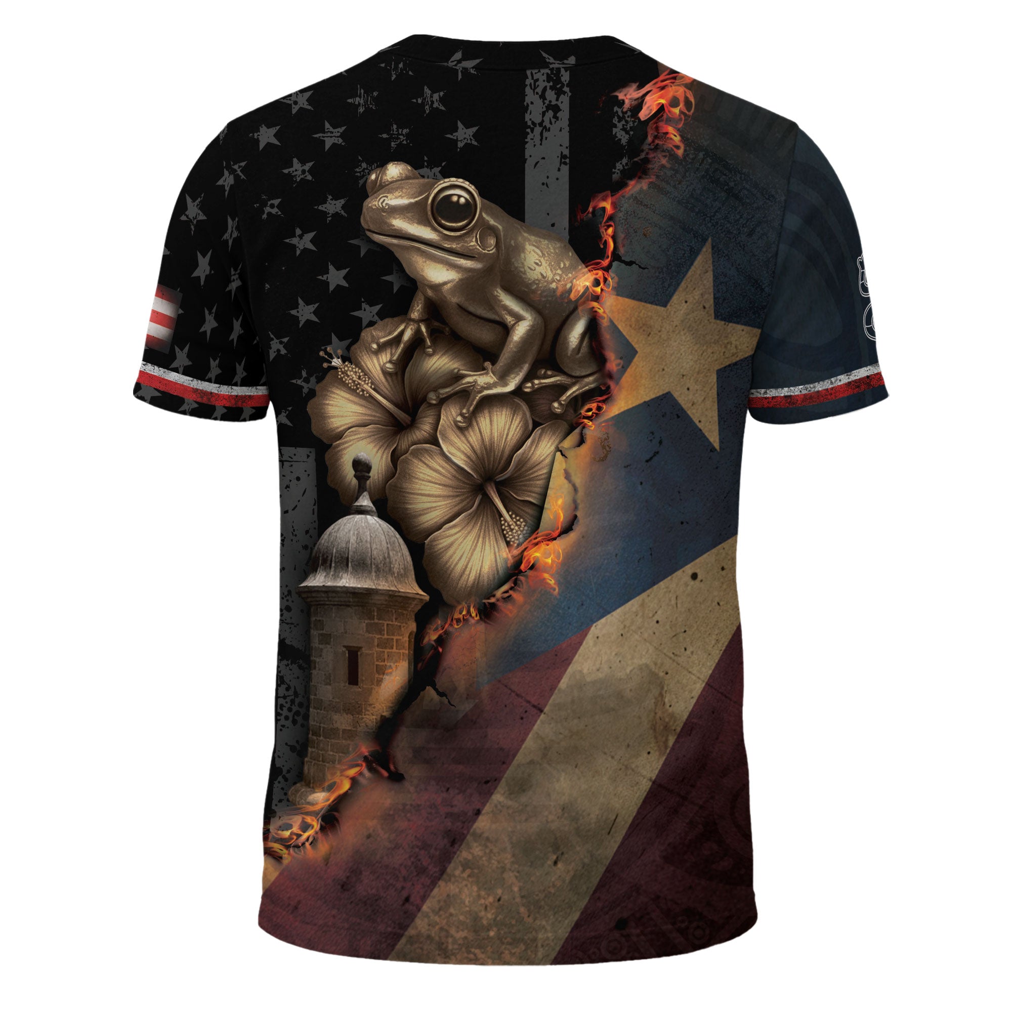 Bandera de Puerto Rico Coqui Hibiscus Taino Heritage Pride Boricua Fire Spirit Shirt