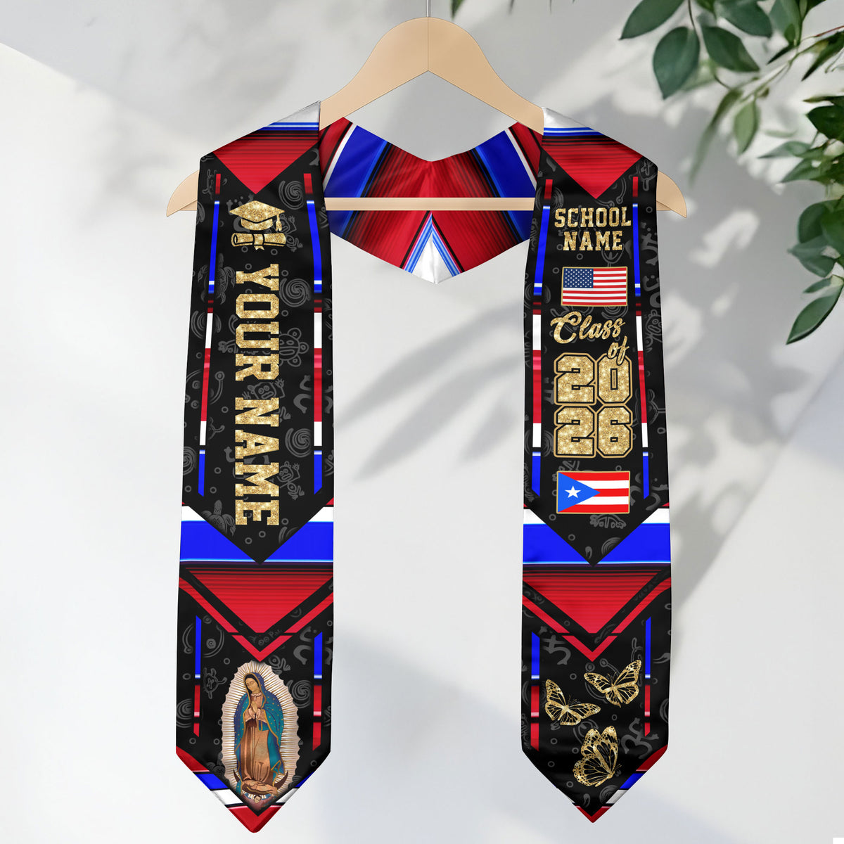 Puerto Rico Heritage Graduation Sash 2026 Virgin Mary Floral Hibiscus Custom Stole