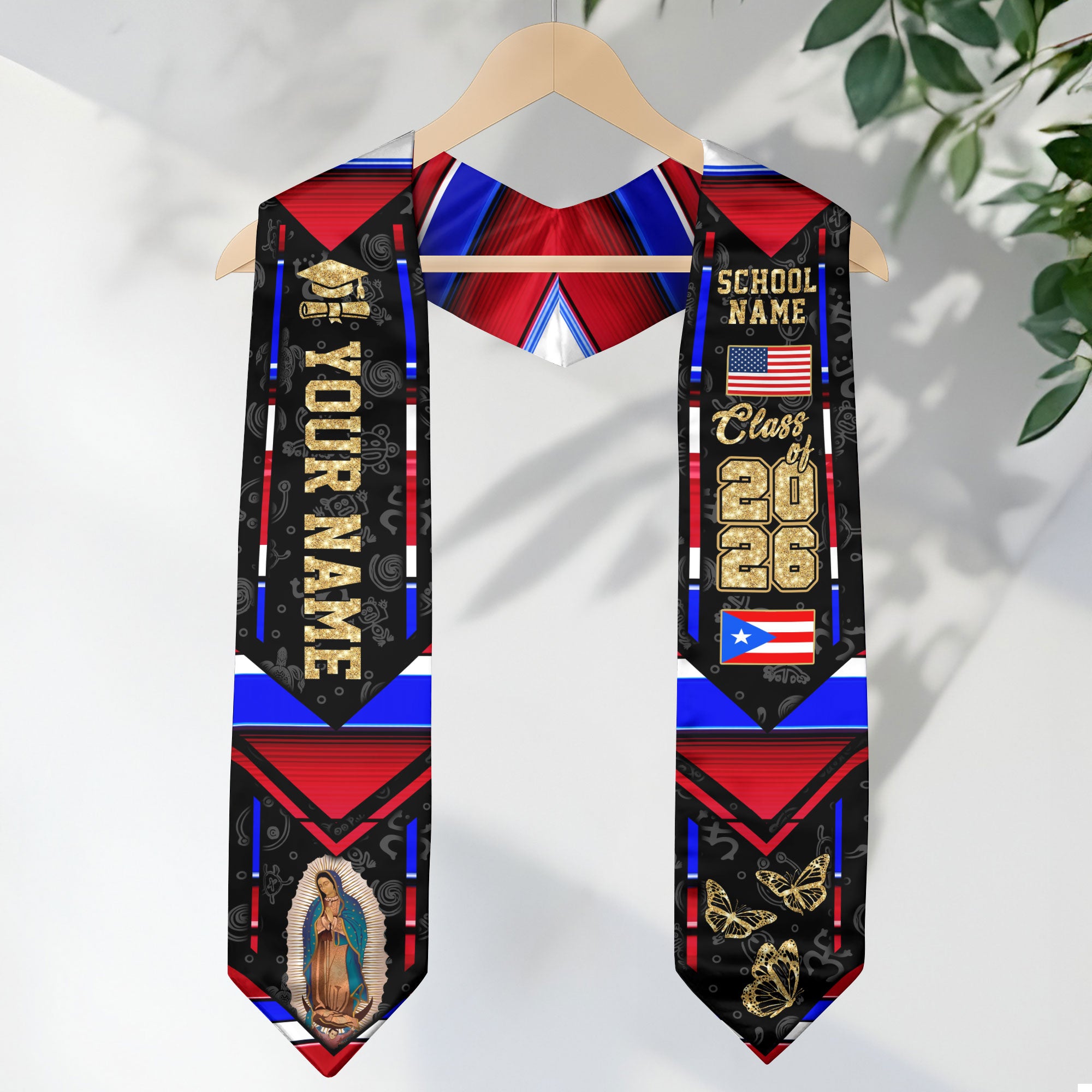Puerto Rico Heritage Graduation Sash 2026 Virgin Mary Floral Hibiscus Custom Stole