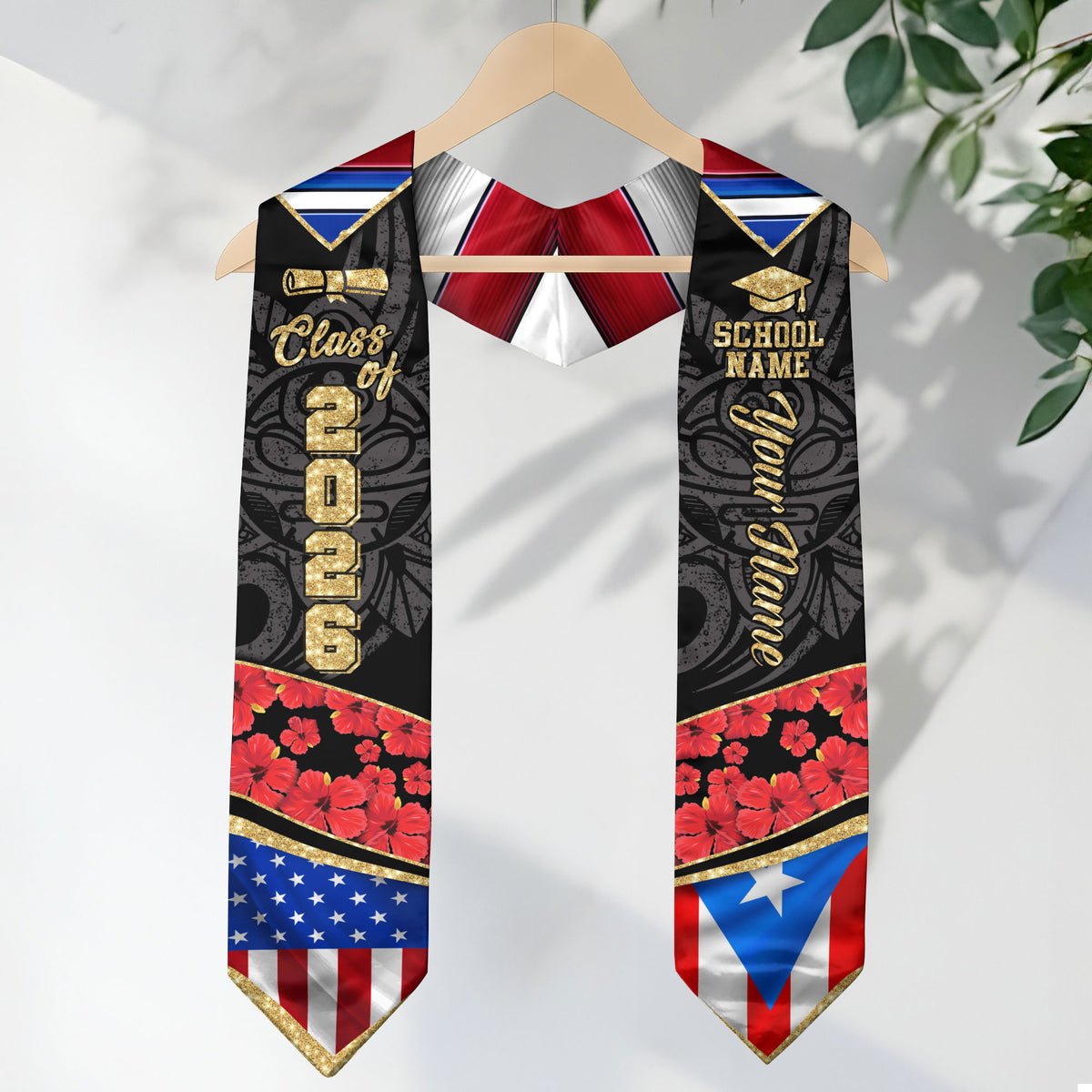 Custom Puerto Rico American Floral Hibiscus Flag Heritage Graduation Sash 2026 Stole