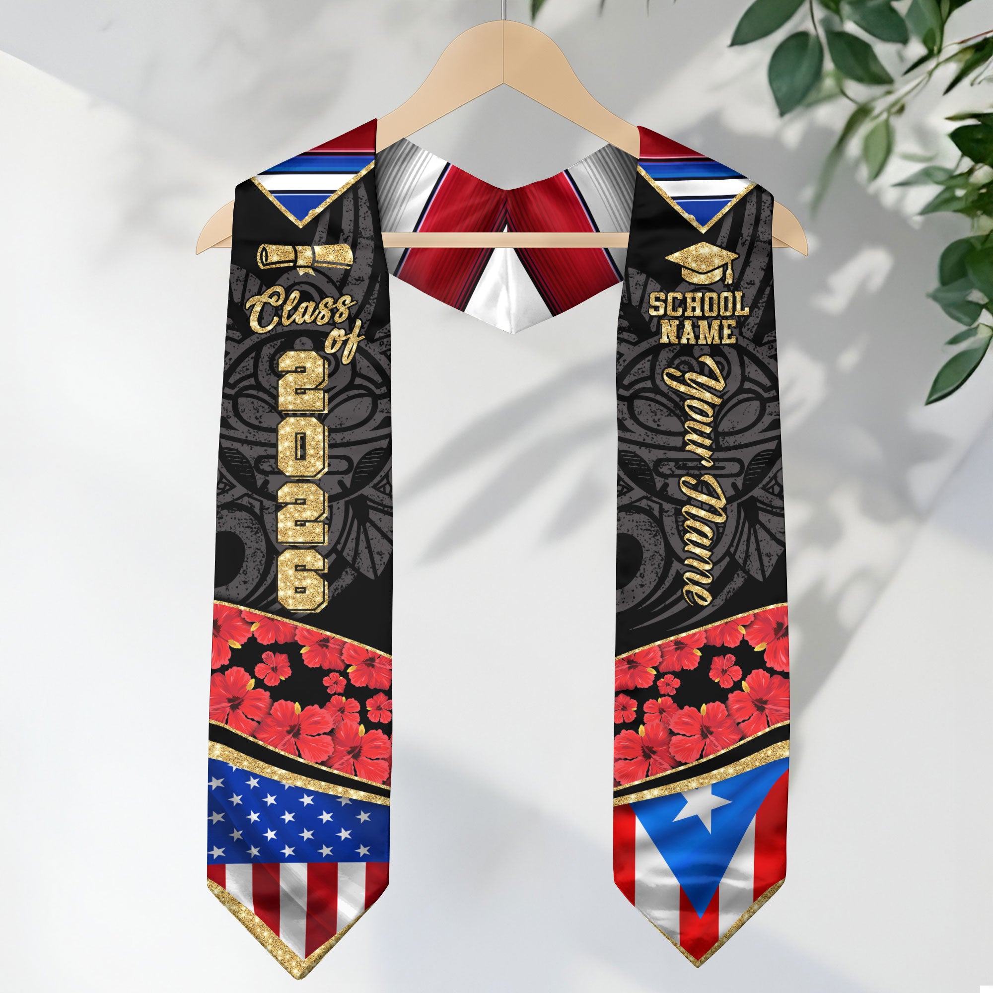 Custom Puerto Rico American Floral Hibiscus Flag Heritage Graduation Sash 2026 Stole