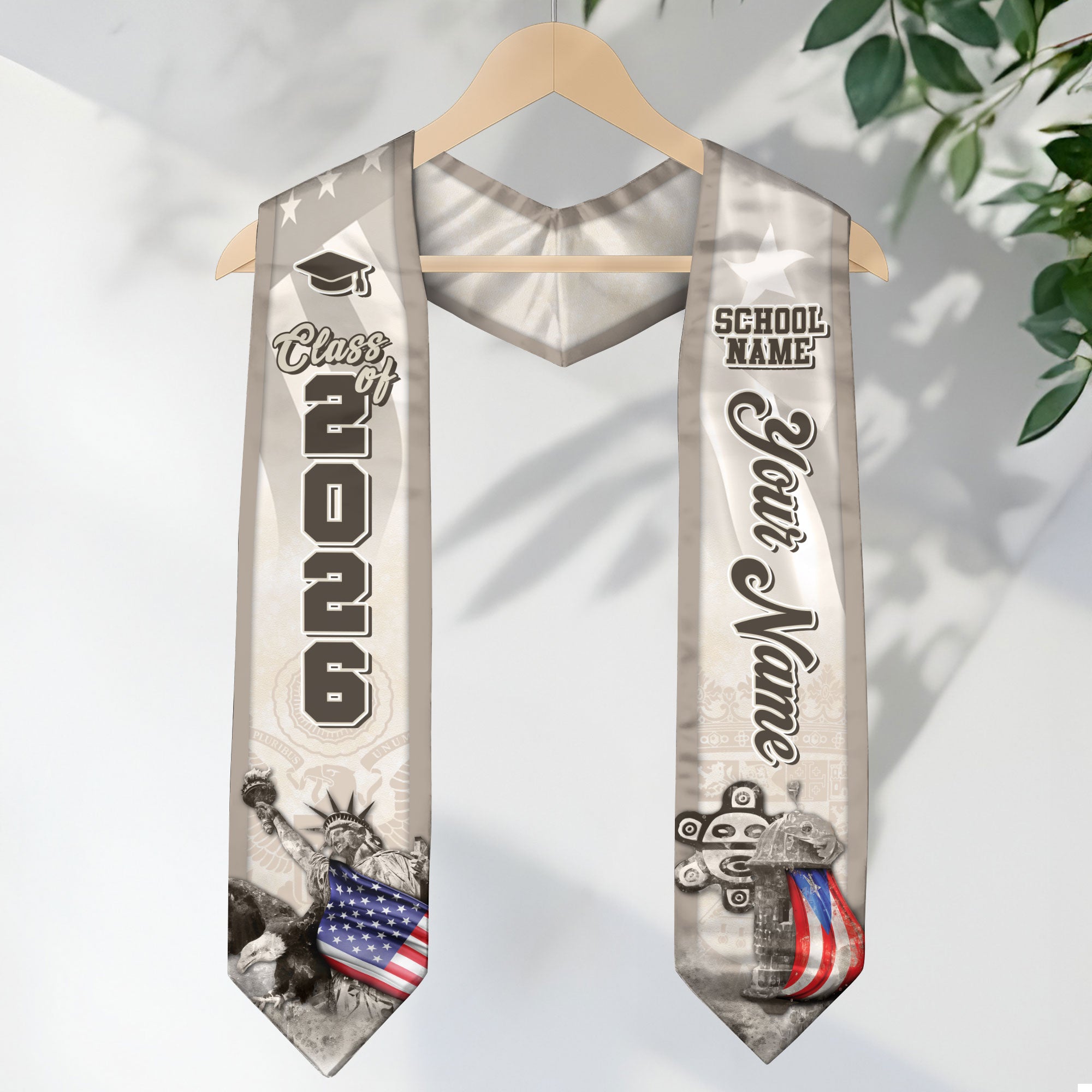 Puerto Rico Graduation Stole 2026 Statue of Liberty & Native Taino Mask Symbols Custom Sash