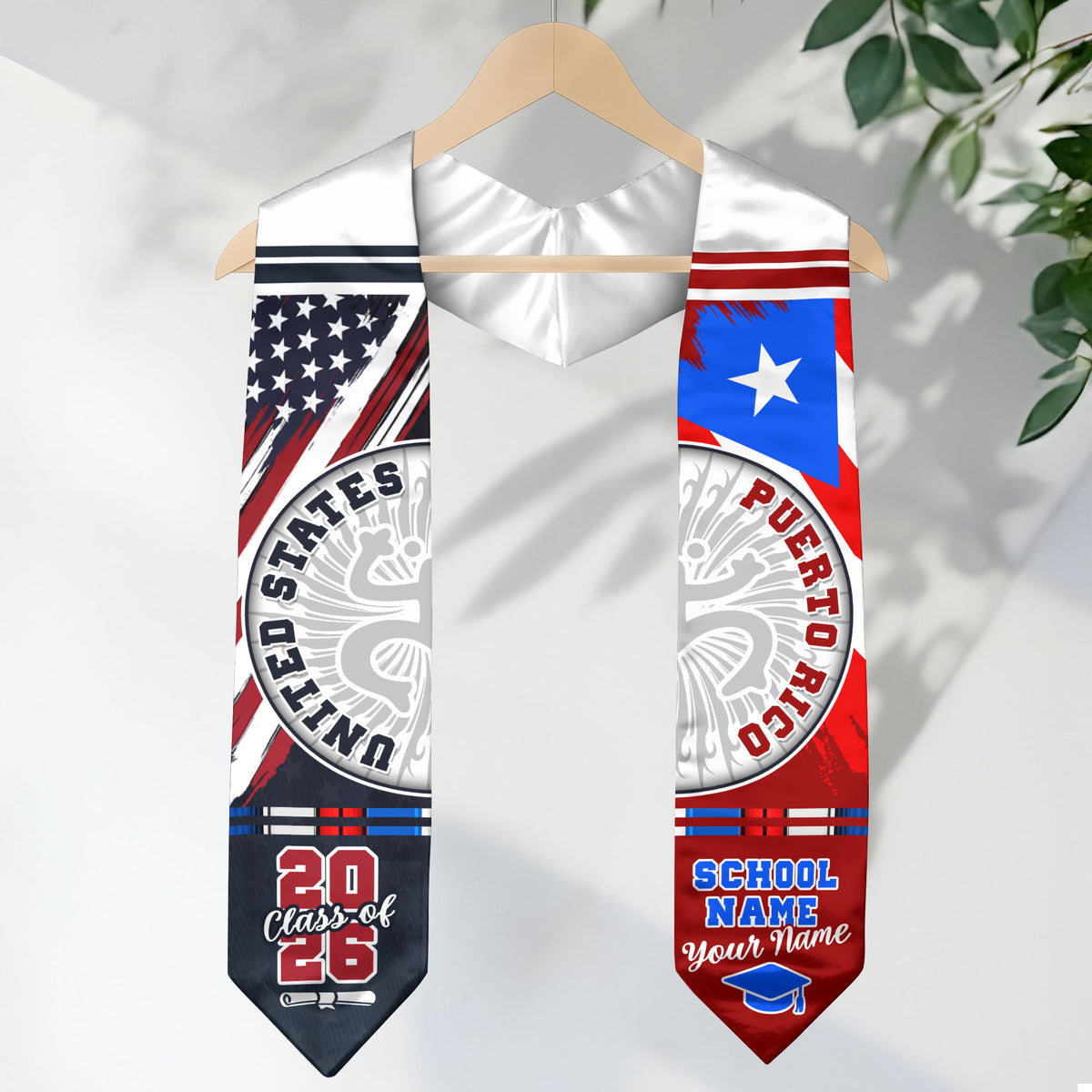 Puerto Rico Coat of Arms Heritage Graduation Sash Class of 2026 Custom USA Flag Stole