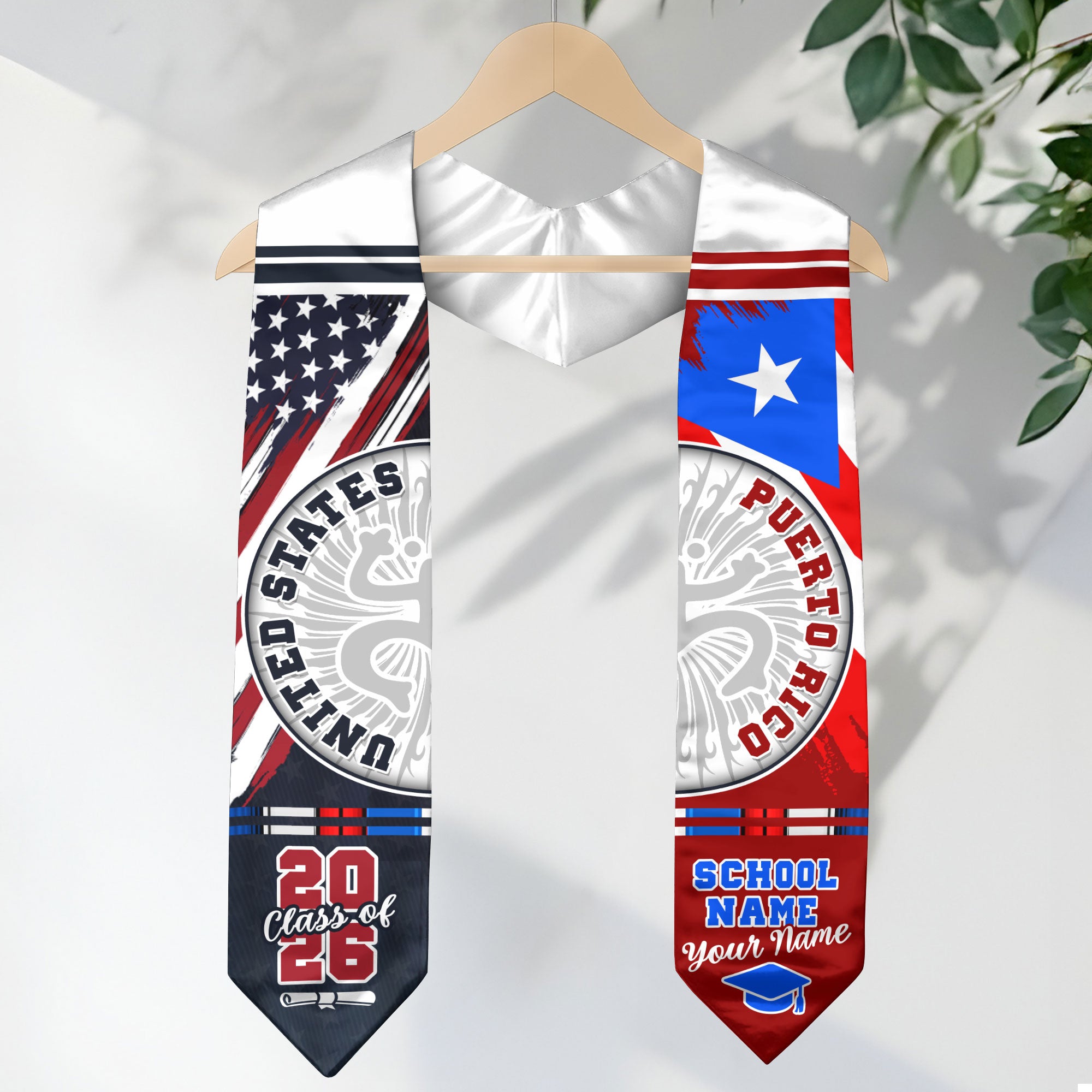 Puerto Rico Coat of Arms Heritage Graduation Sash Class of 2026 Custom USA Flag Stole