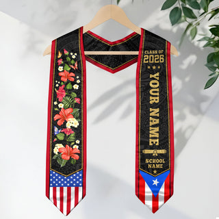 Puerto Rico USA Flag Graduation Stole Custom Name Class of 2026 Hibiscus Sash