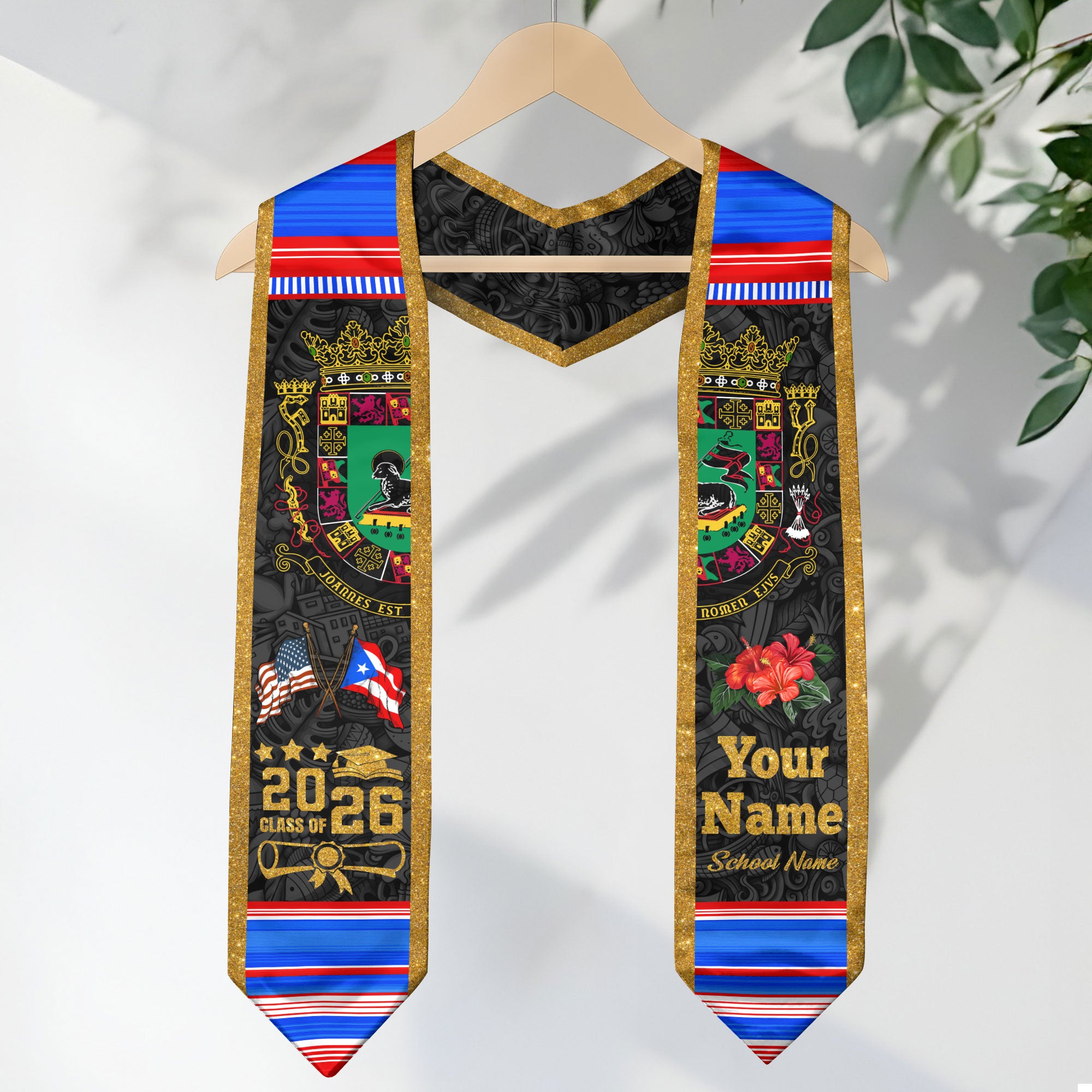 Custom Puerto Rico American Flag Coat of Arms Graduation Sash Class of 2026 Stole