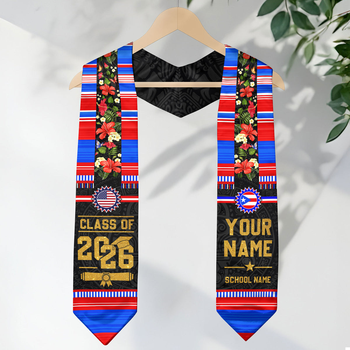 Puerto Rico Heritage Graduation Sash 2026 Custom American Flag Floral Boricua Stole