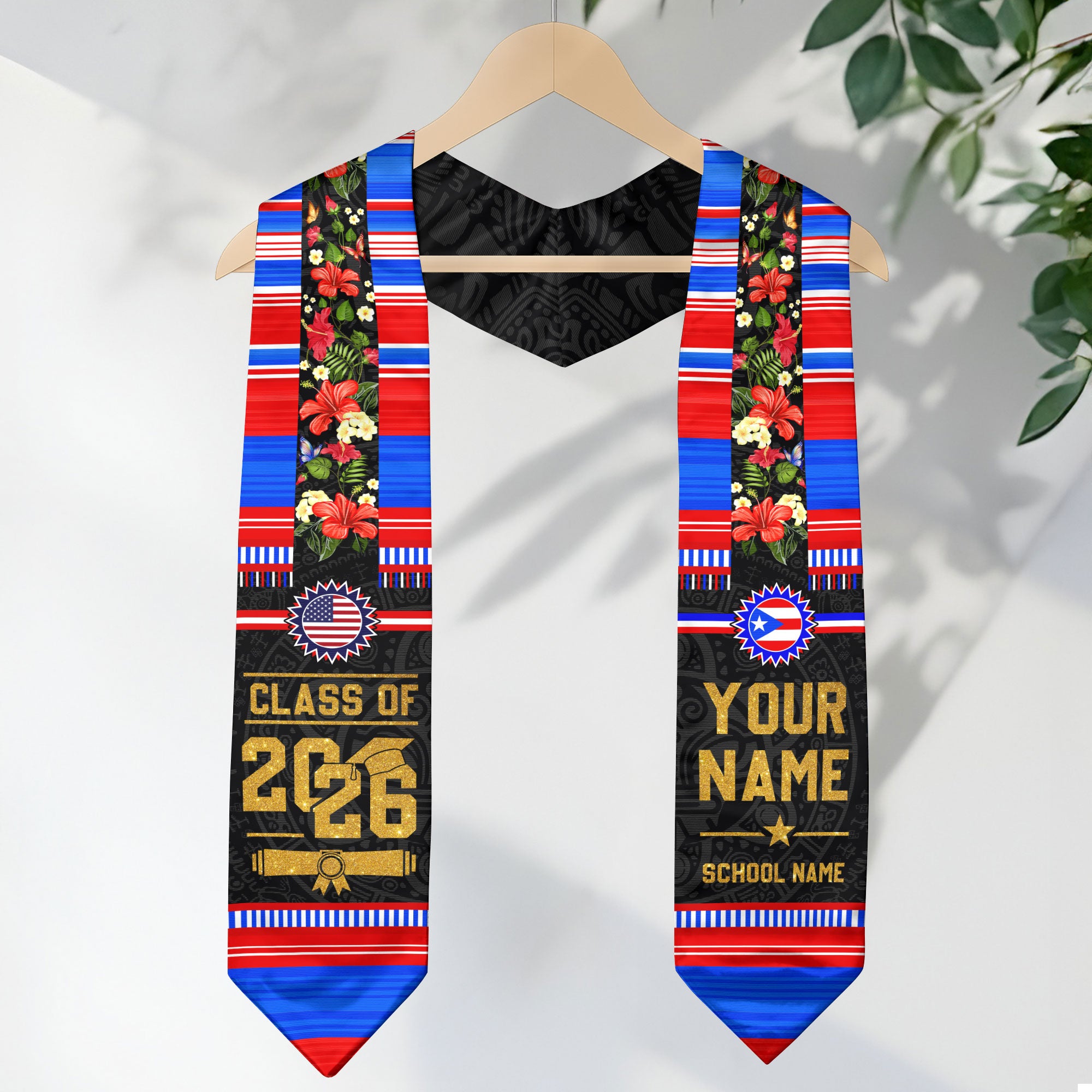 Puerto Rico Heritage Graduation Sash 2026 Custom American Flag Floral Boricua Stole