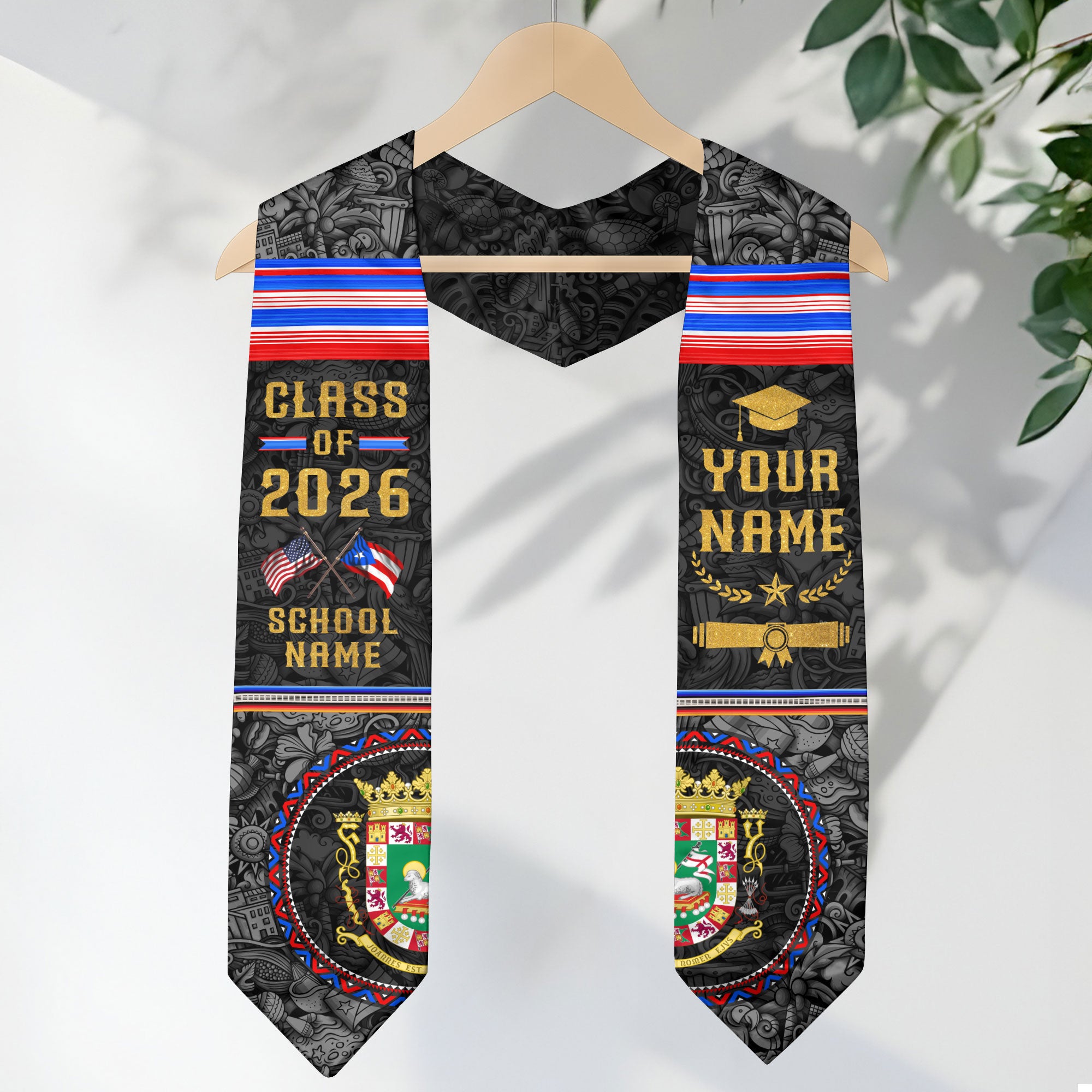 Personalized Puerto Rican Heritage Graduation Stole 2026 USA Flag Custom Name Sash