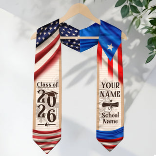 Puerto Rico Heritage Graduation Sash 2026 Custom Floral Hibiscus Vintage Flag Stole