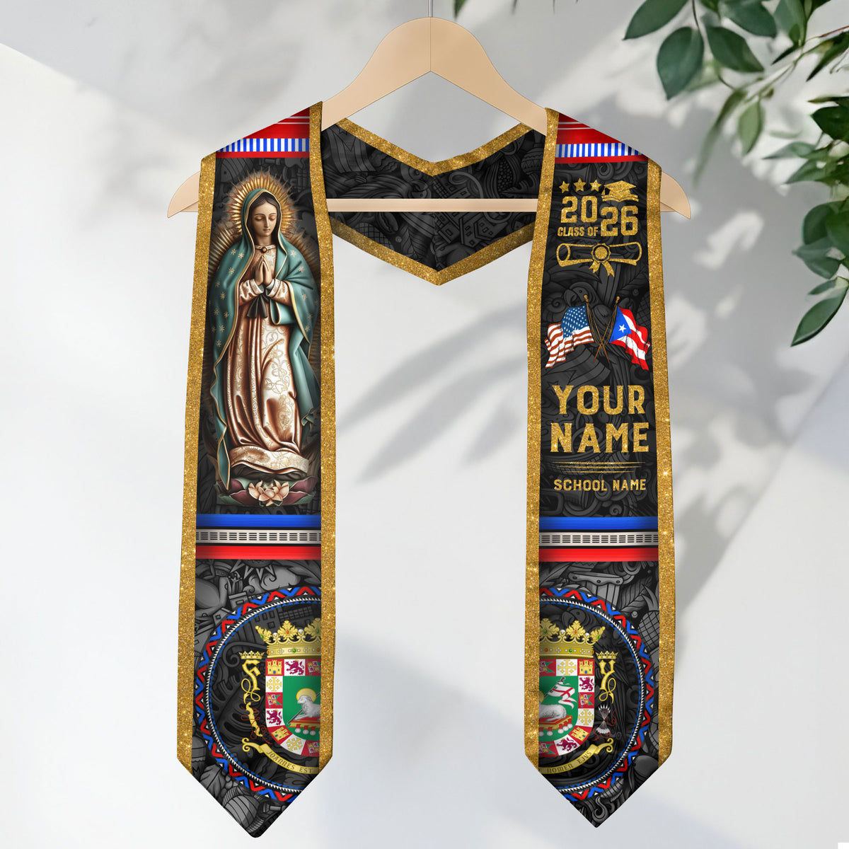Custom Puerto Rico American Flag Graduation Sash Virgin Mary 2026 Graduation Stole