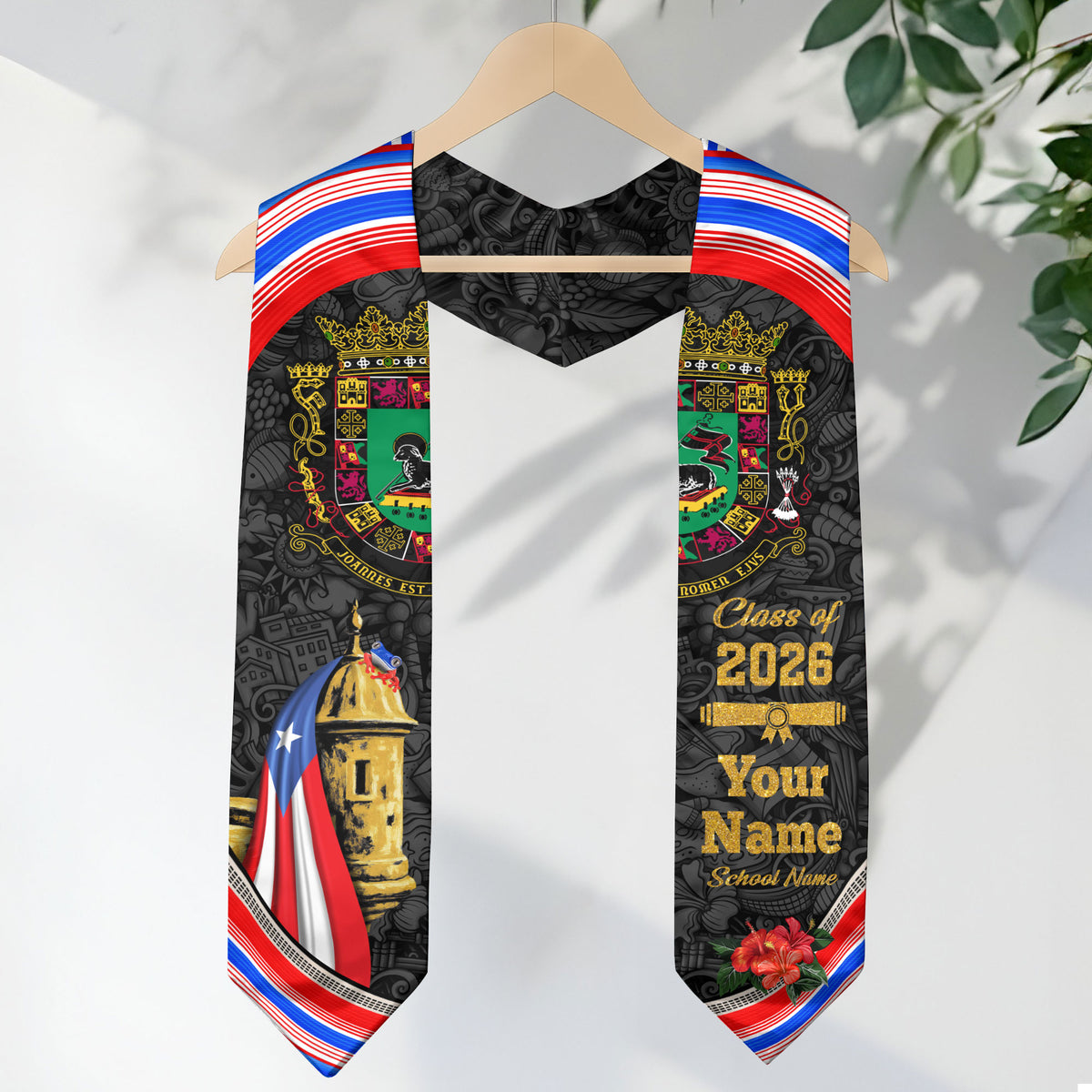 Custom Puerto Rico Graduation Stole 2026 El Morro Fortress Coat of Arms Graduation Sash