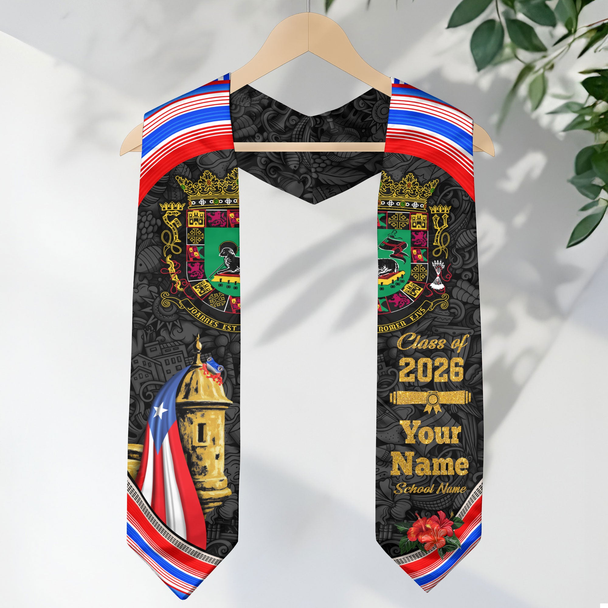 Custom Puerto Rico Graduation Stole 2026 El Morro Fortress Coat of Arms Graduation Sash