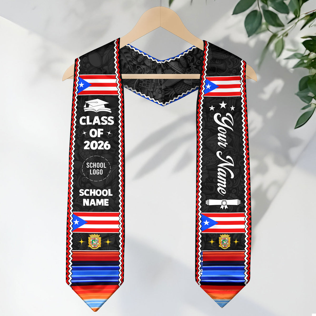 Custom Puerto Rico Graduation Stole 2026 Taino Symbol Coat of Arms Graduation Sash