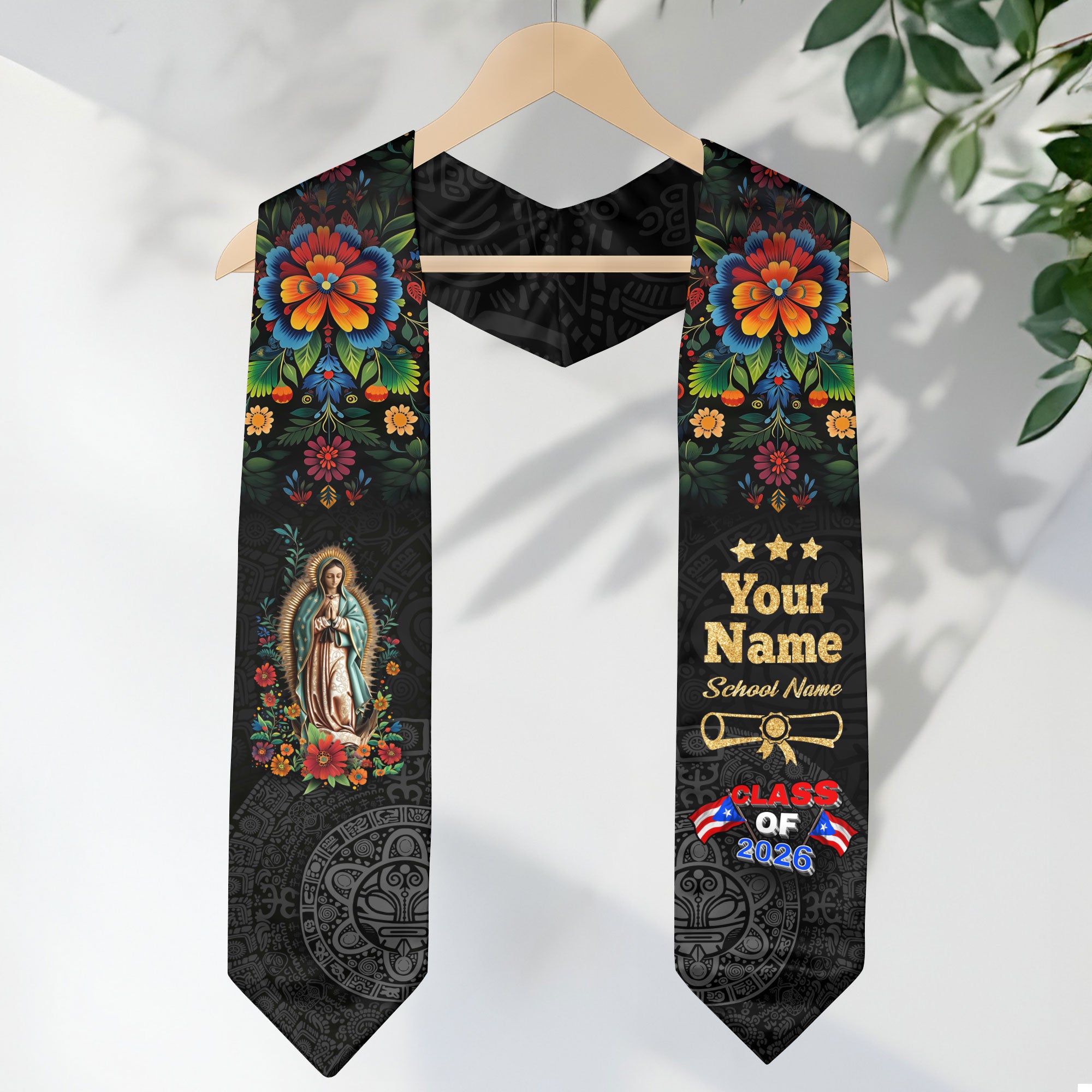 Custom Puerto Rico Flag Graduation Stole Class of 2026 Virgin Mary Floral Sash