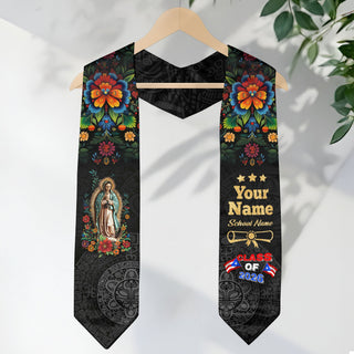 Custom Puerto Rico Flag Graduation Stole Class of 2026 Virgin Mary Floral Sash