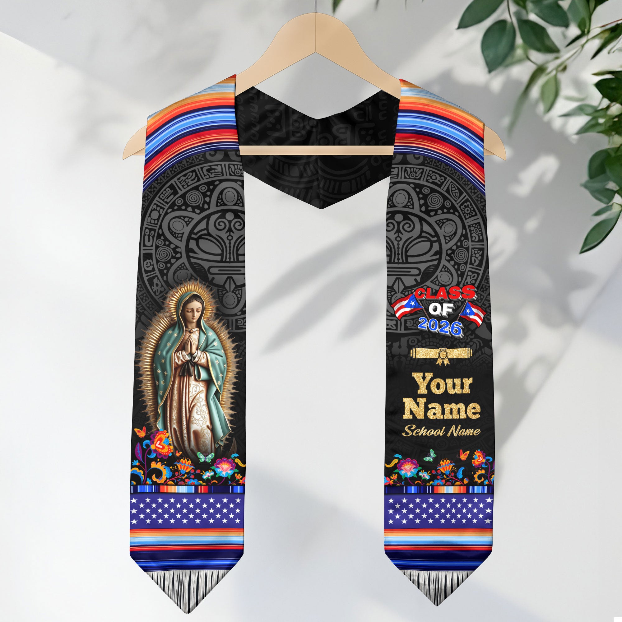 Personalized Puerto Rican Graduation Stole Custom Name Class of 2026 Virgin Mary Senior Sash