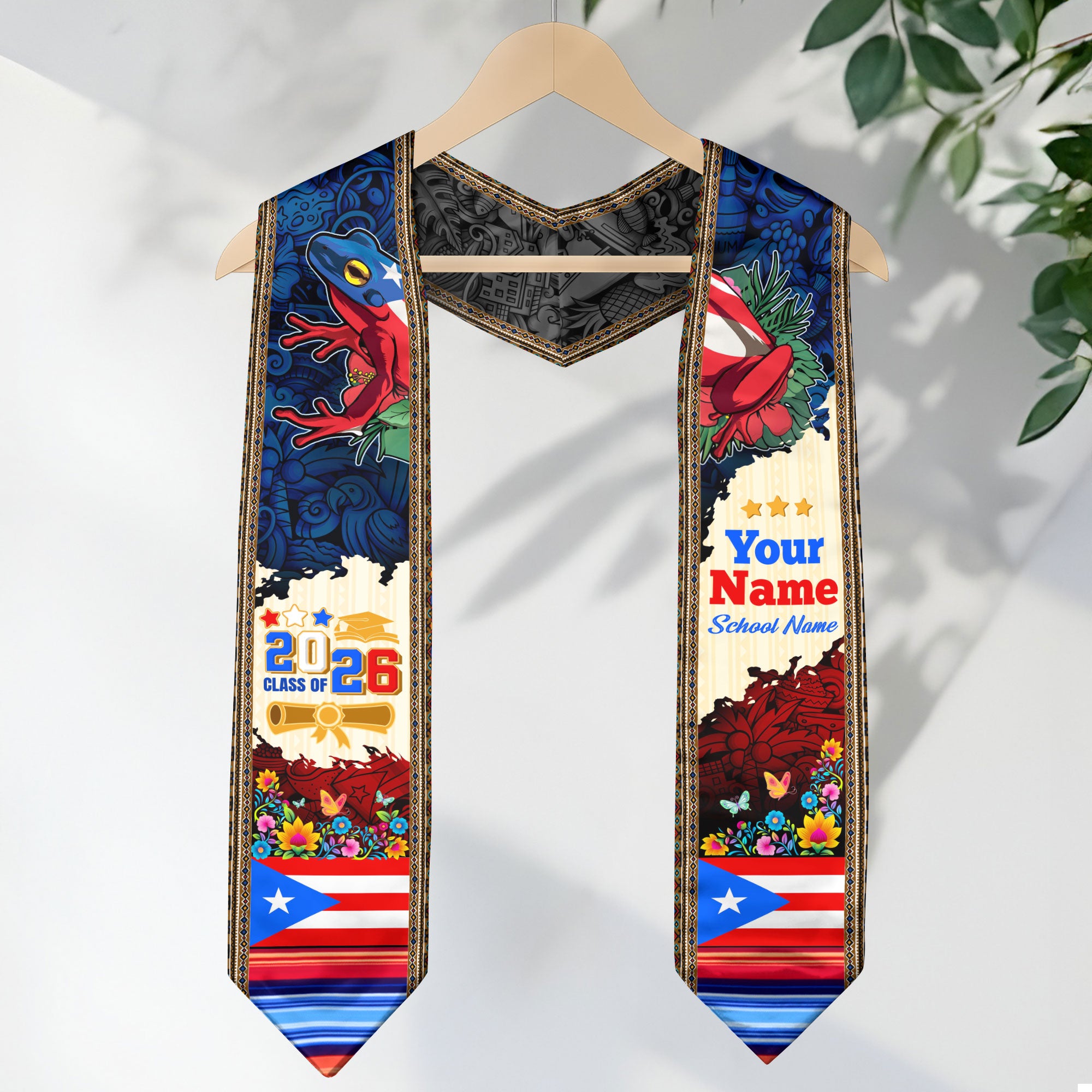 Custom Puerto Rico Flag Graduation Stole Class of 2026 Coqui Frog Floral Sash