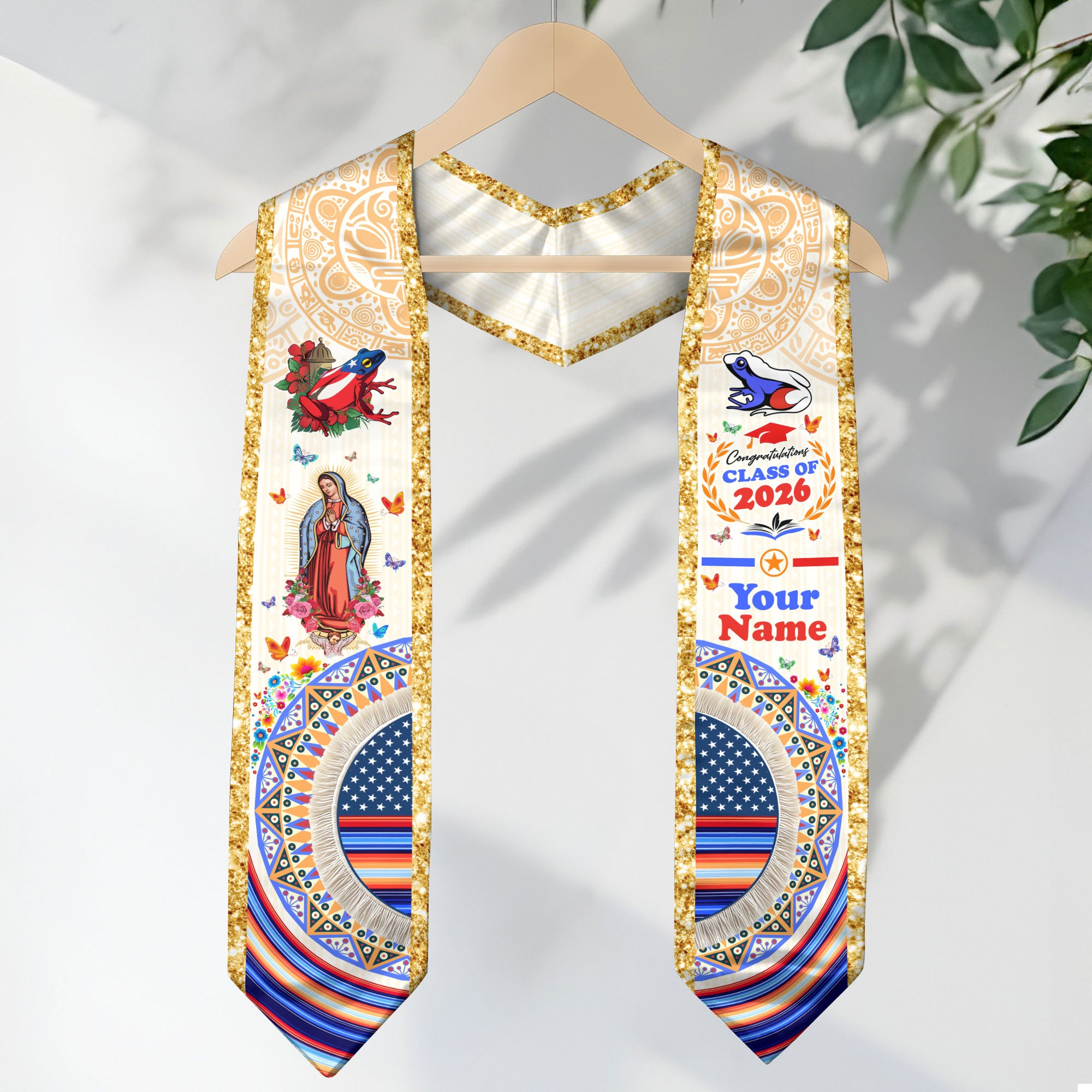 Puerto Rico Graduation Stole Custom Floral Virgin Mary Heritage Coqui Class of 2026 Sash