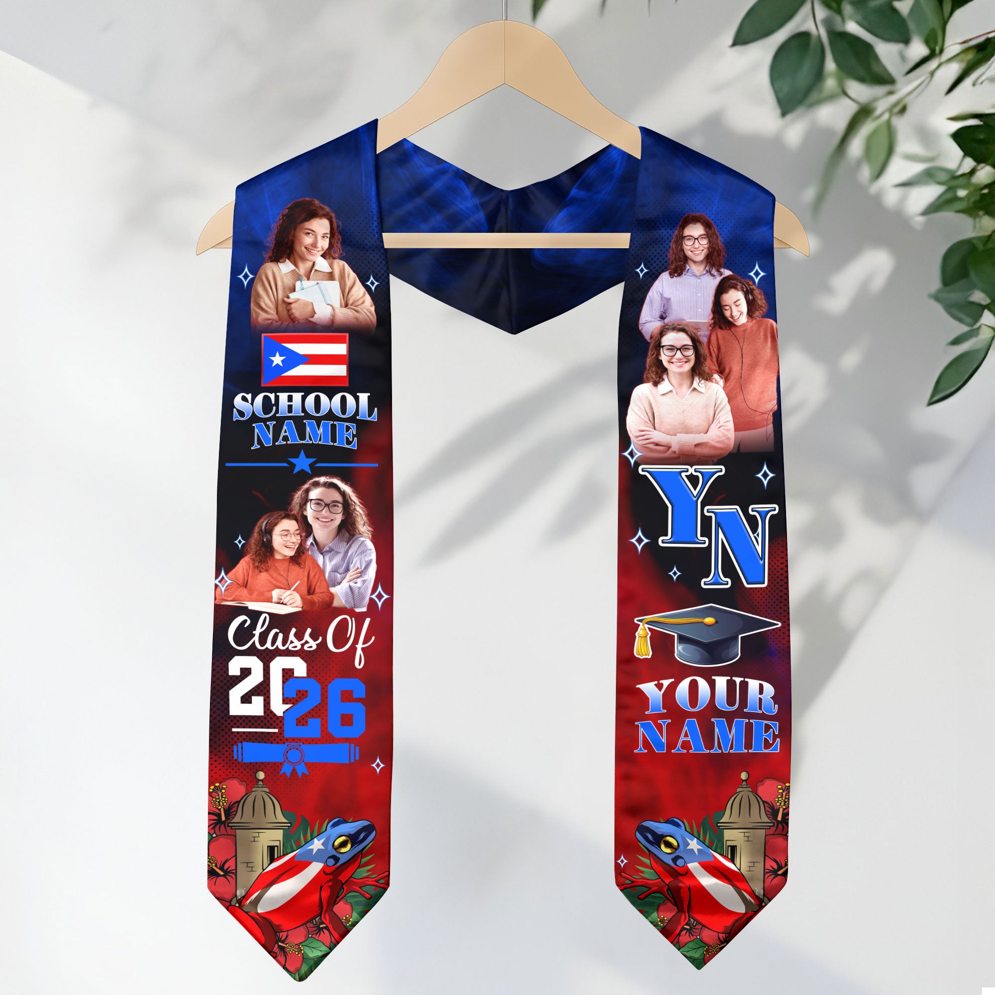 Custom Photo Name Puerto Rico Flag Coqui Frog Class of 2026 Personalized Graduation Sash