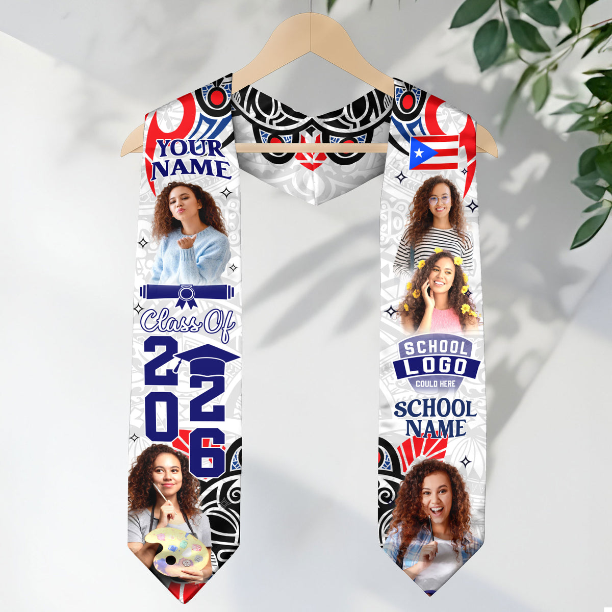 Custom Photo Name Puerto Rico Flag Taino Pattern Class of 2026 Graduation Stole