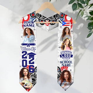 Custom Photo Name Puerto Rico Flag Taino Pattern Class of 2026 Graduation Stole