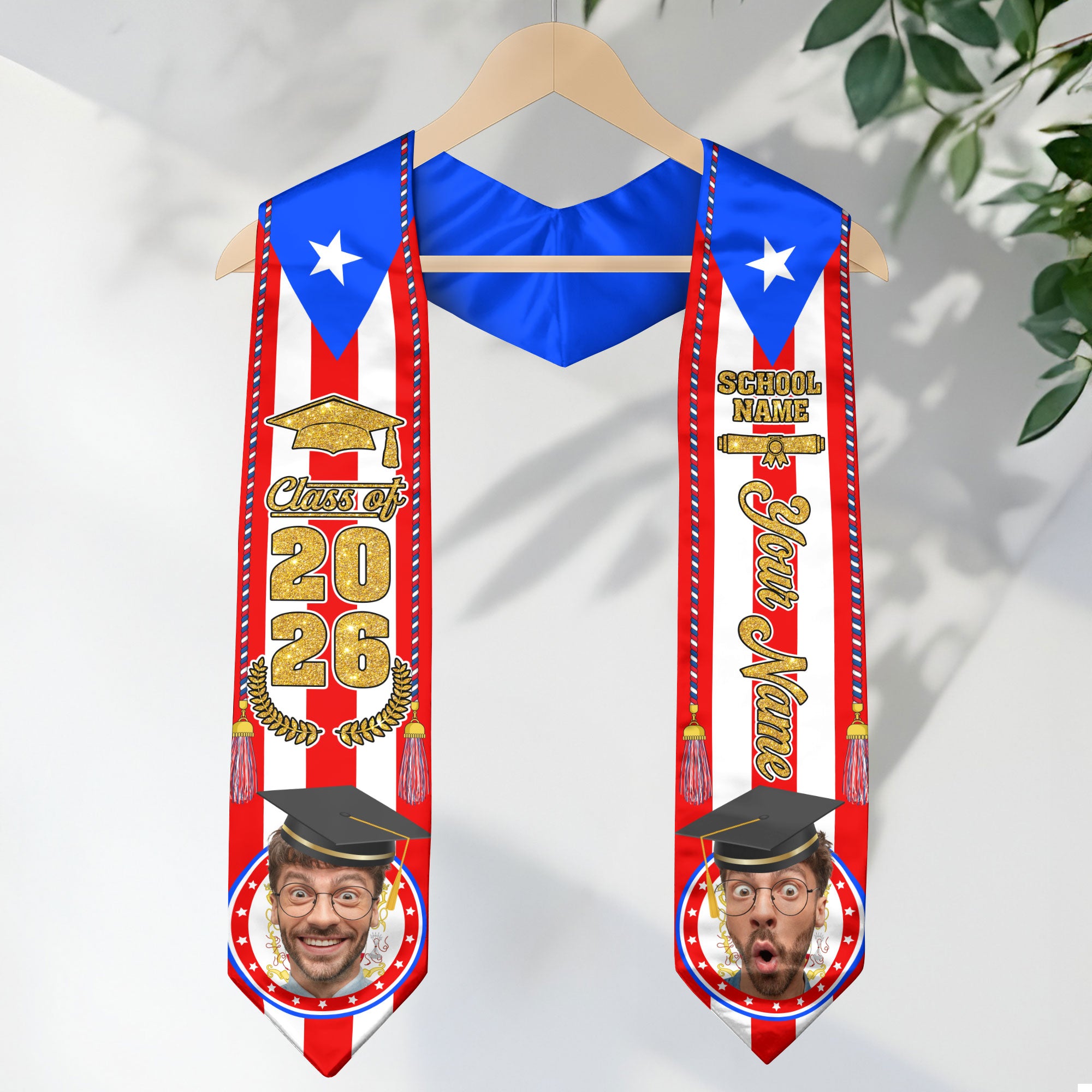 Custom Photo Name Puerto Rico Flag Gold Glitter Class of 2026 Graduation Sash
