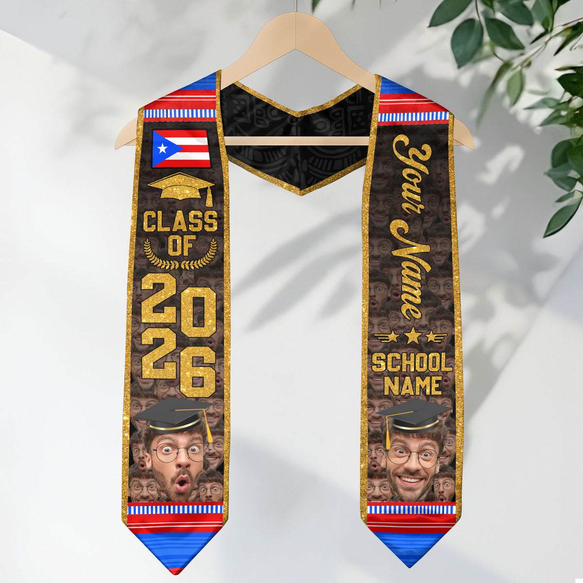 Custom Photo Name Puerto Rico Flag Taino Tribal Class of 2026 Graduation Stole
