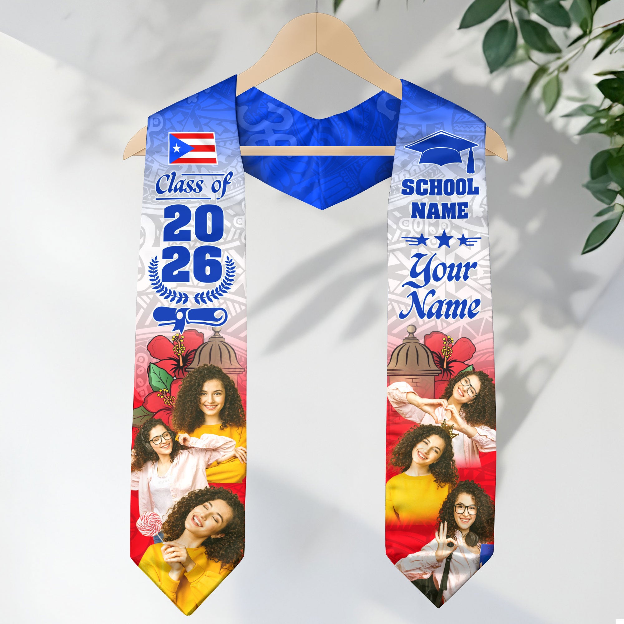 Custom Photo Name Puerto Rico Flag Hibiscus Flower Class of 2026 Graduation Stole